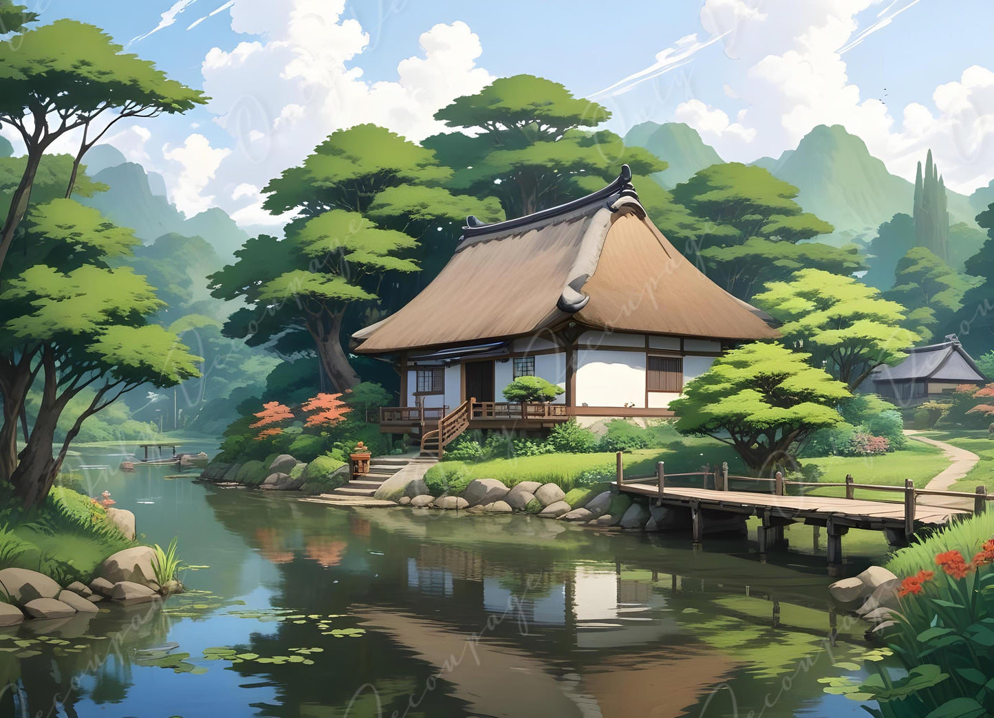 Decoupage Paper - 6 Size - Traditional Japanese Lake House - Rice Paper