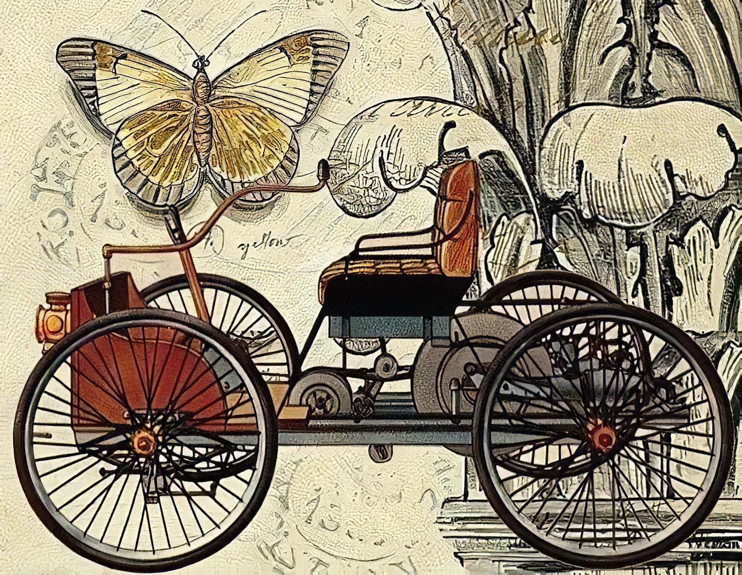 Butterfly - Antique Car - Decorative Decoupage Paper - for Furniture - Big Size Options [ Yellow Beige Red ]