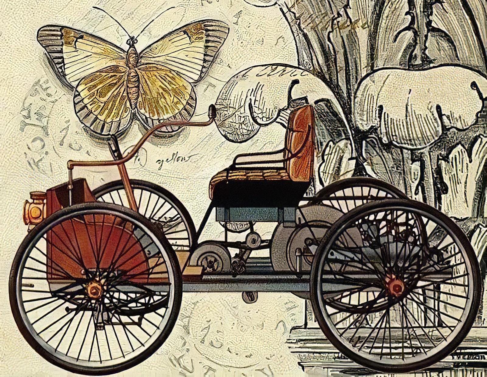 Butterfly - Antique Car - Decorative Decoupage Paper - for Furniture - Big Size Options [ Yellow Beige Red ]