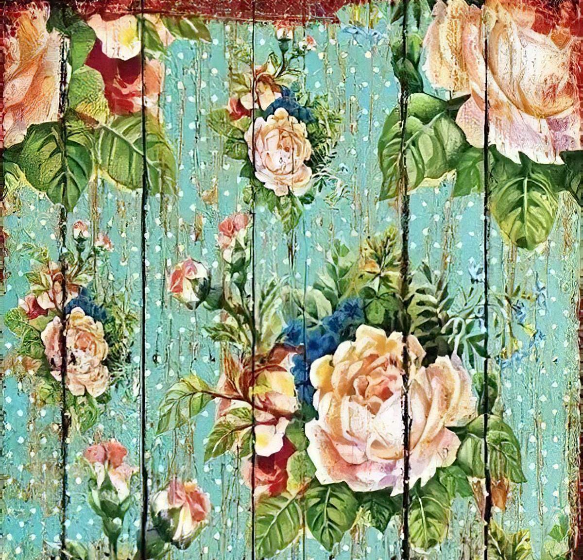 Floral - Decorative Decoupage Paper - for Furniture - Big Size Options [ Green Blue Light Pink ]
