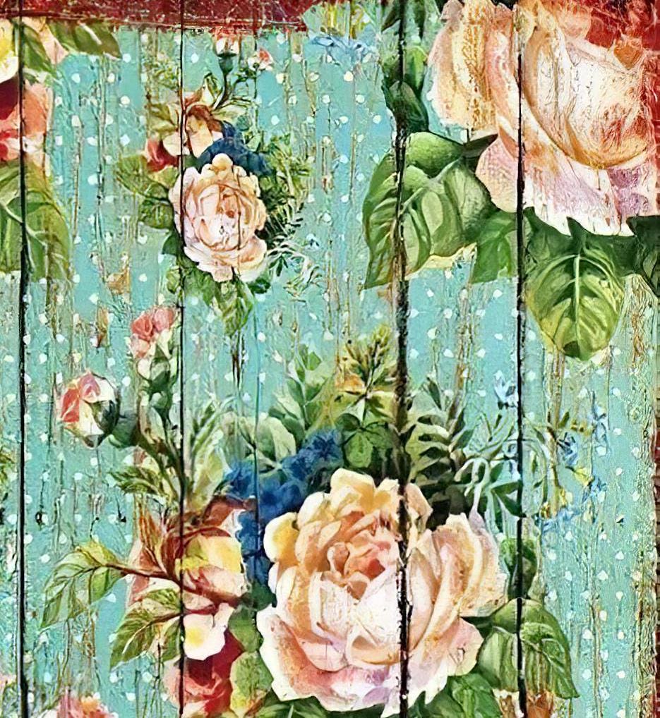 Floral - Decorative Decoupage Paper - for Furniture - Big Size Options [ Green Blue Light Pink ]