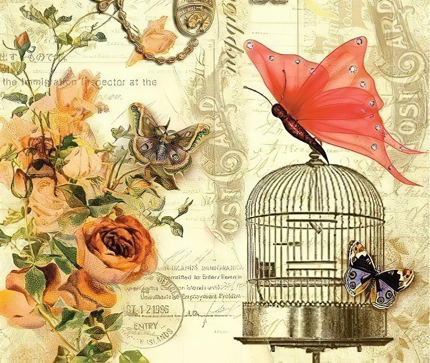 Flowers - Cage - Butterfly - Decorative Decoupage Paper - for Furniture [ Yellow Red Light Pink ]