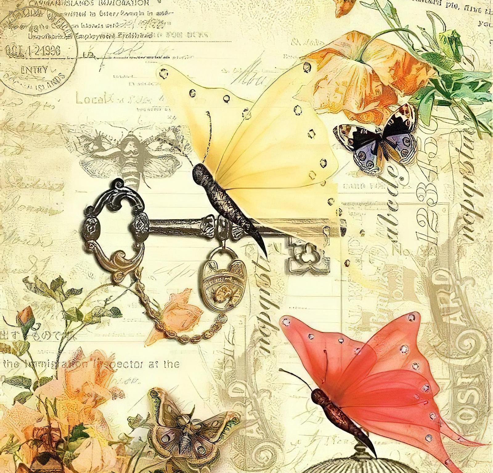 Flowers - Cage - Butterfly - Decorative Decoupage Paper - for Furniture [ Yellow Red Light Pink ]
