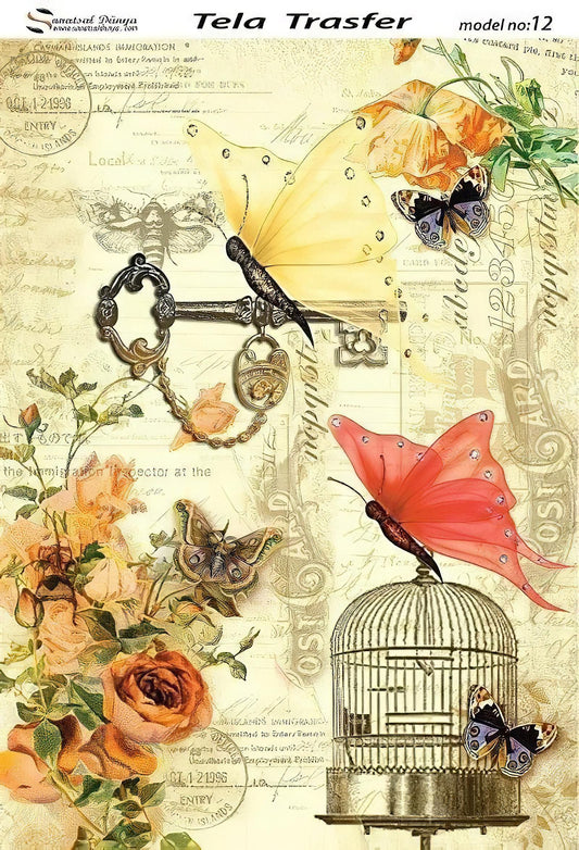 Flowers - Cage - Butterfly - Decorative Decoupage Paper - for Furniture [ Yellow Red Light Pink ]