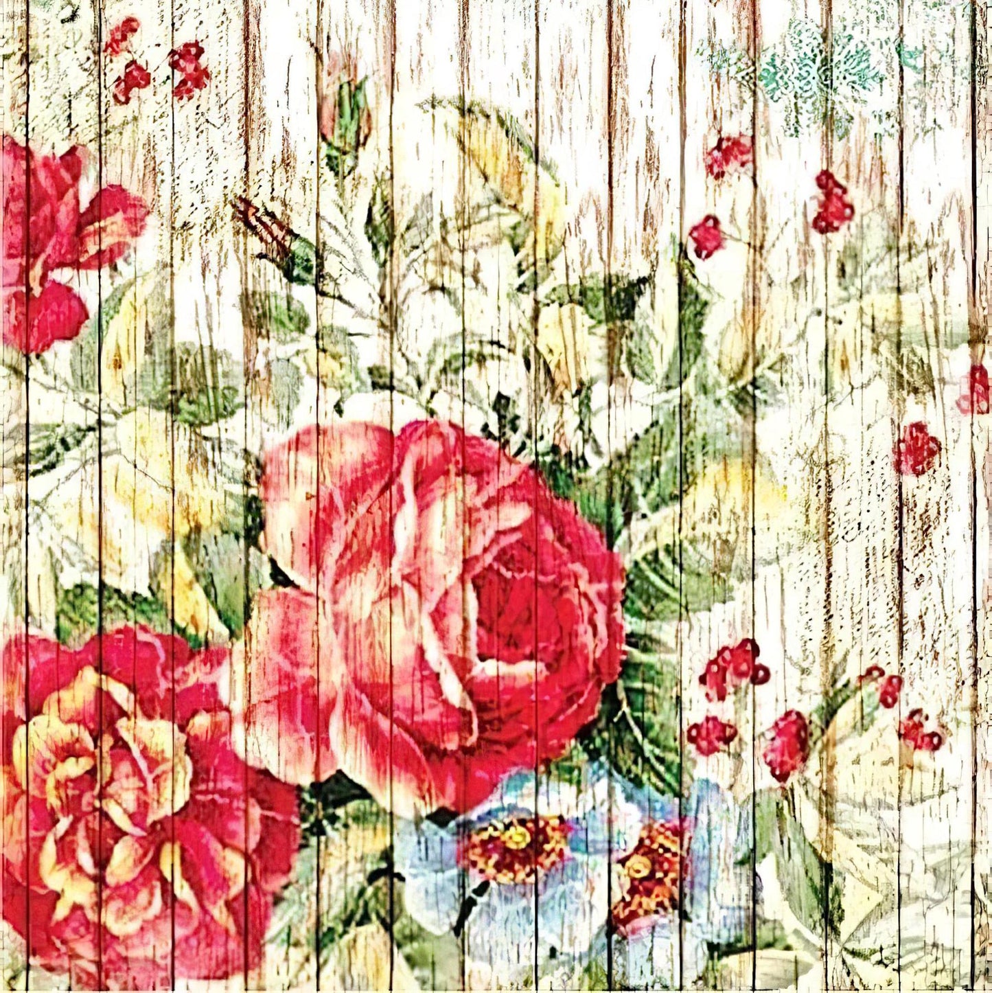 Wooden Pattern - Red Roses - Decorative Decoupage Paper - for Furniture - Large Size Options [ White Red Green ]