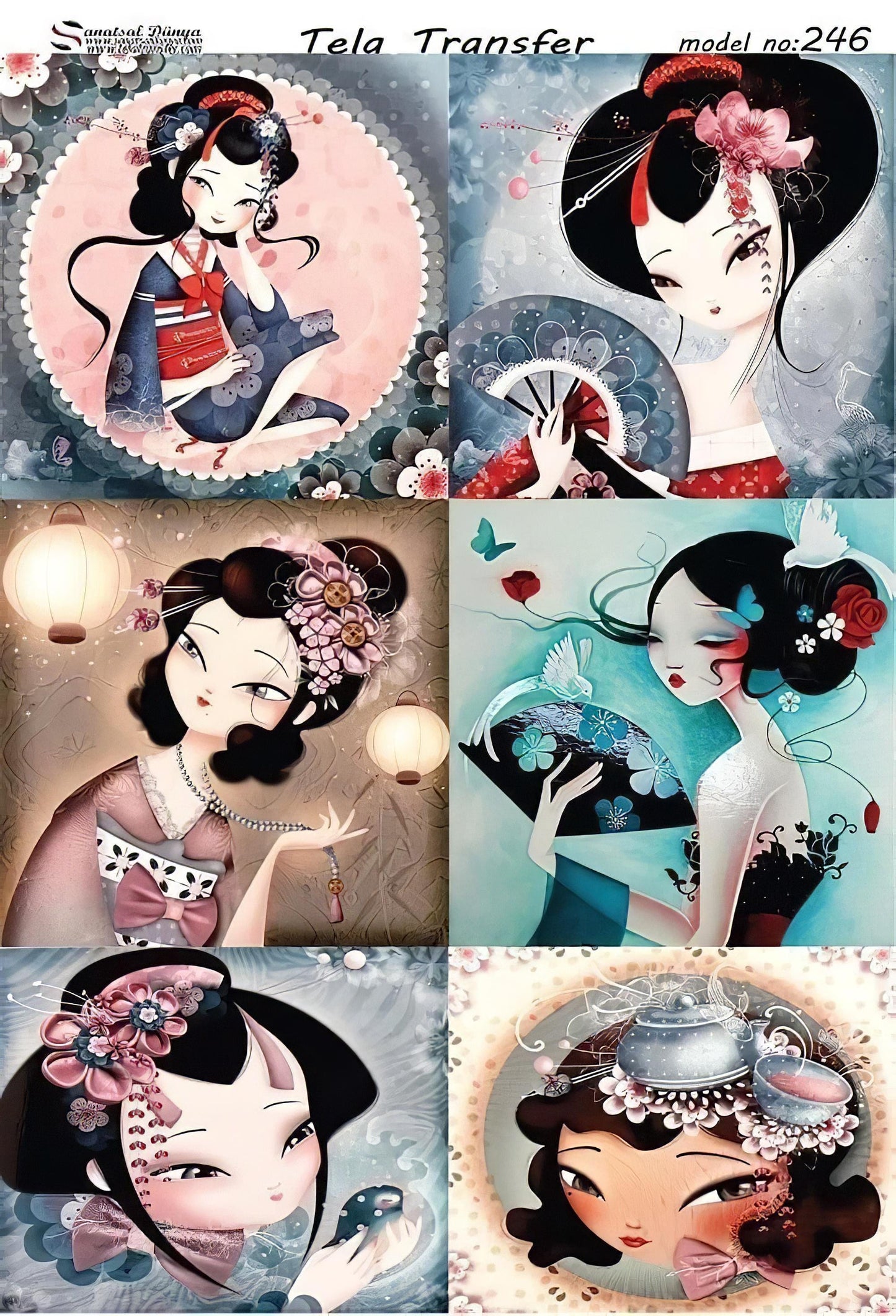 Geisha - Decorative Decoupage Paper - for Furniture [ Black Pink Blue ]