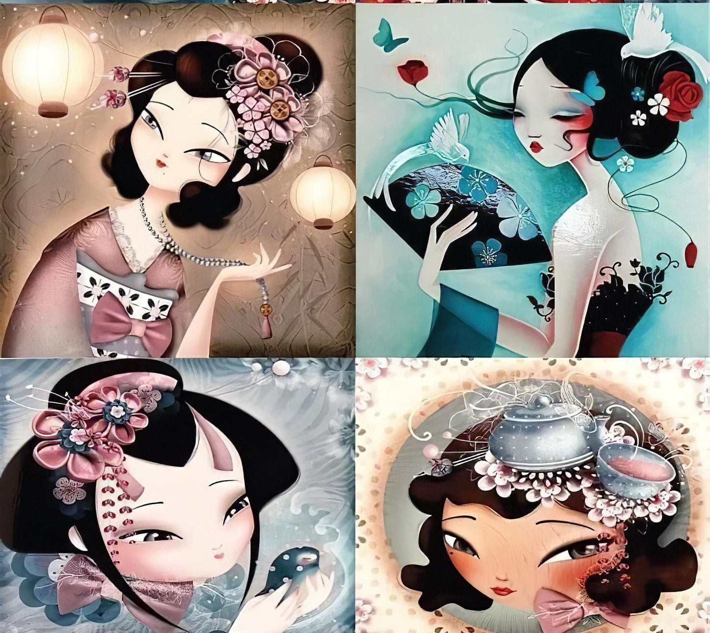 Geisha - Decorative Decoupage Paper - for Furniture [ Black Pink Blue ]