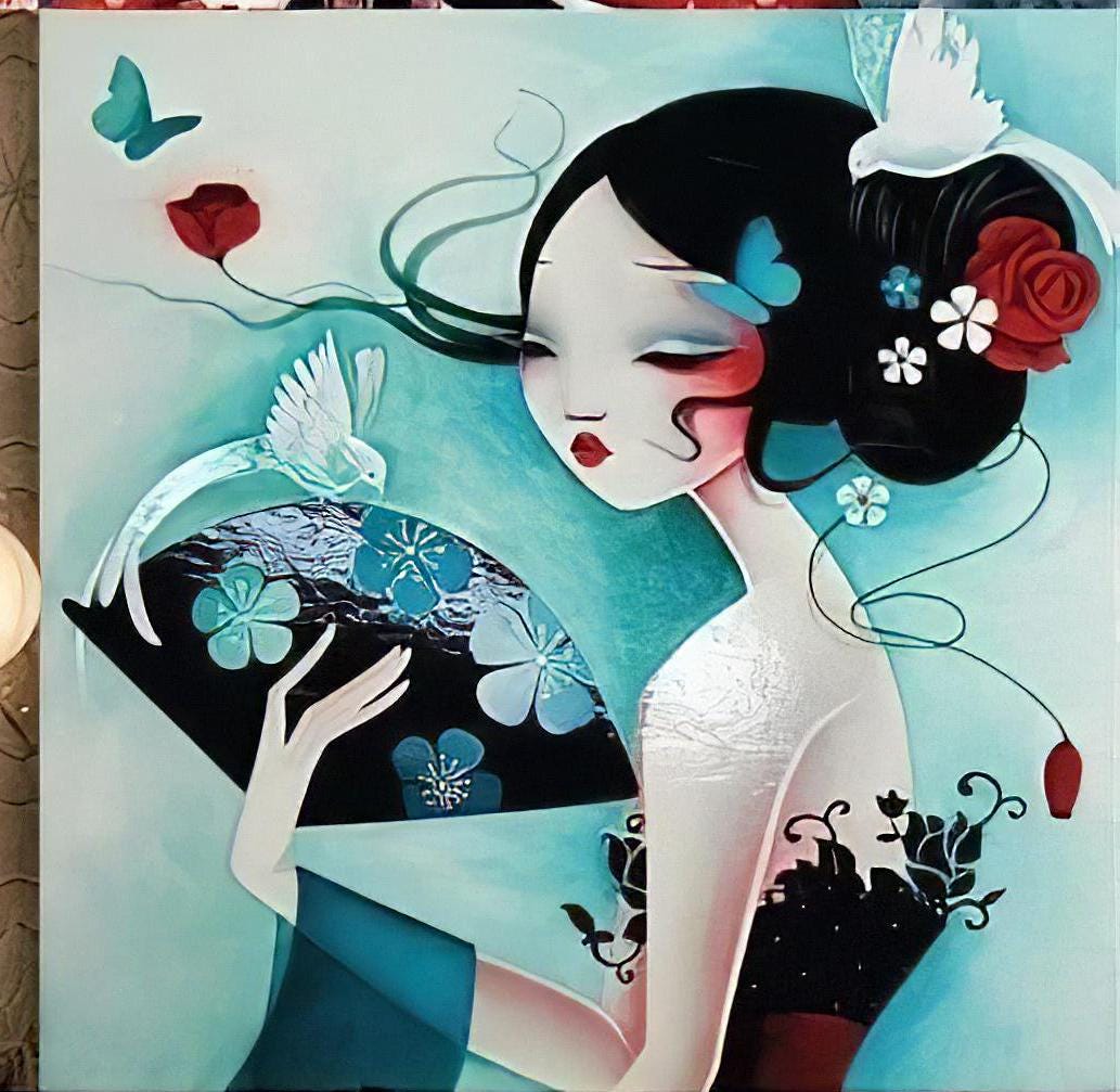 Geisha - Decorative Decoupage Paper - for Furniture [ Black Pink Blue ]