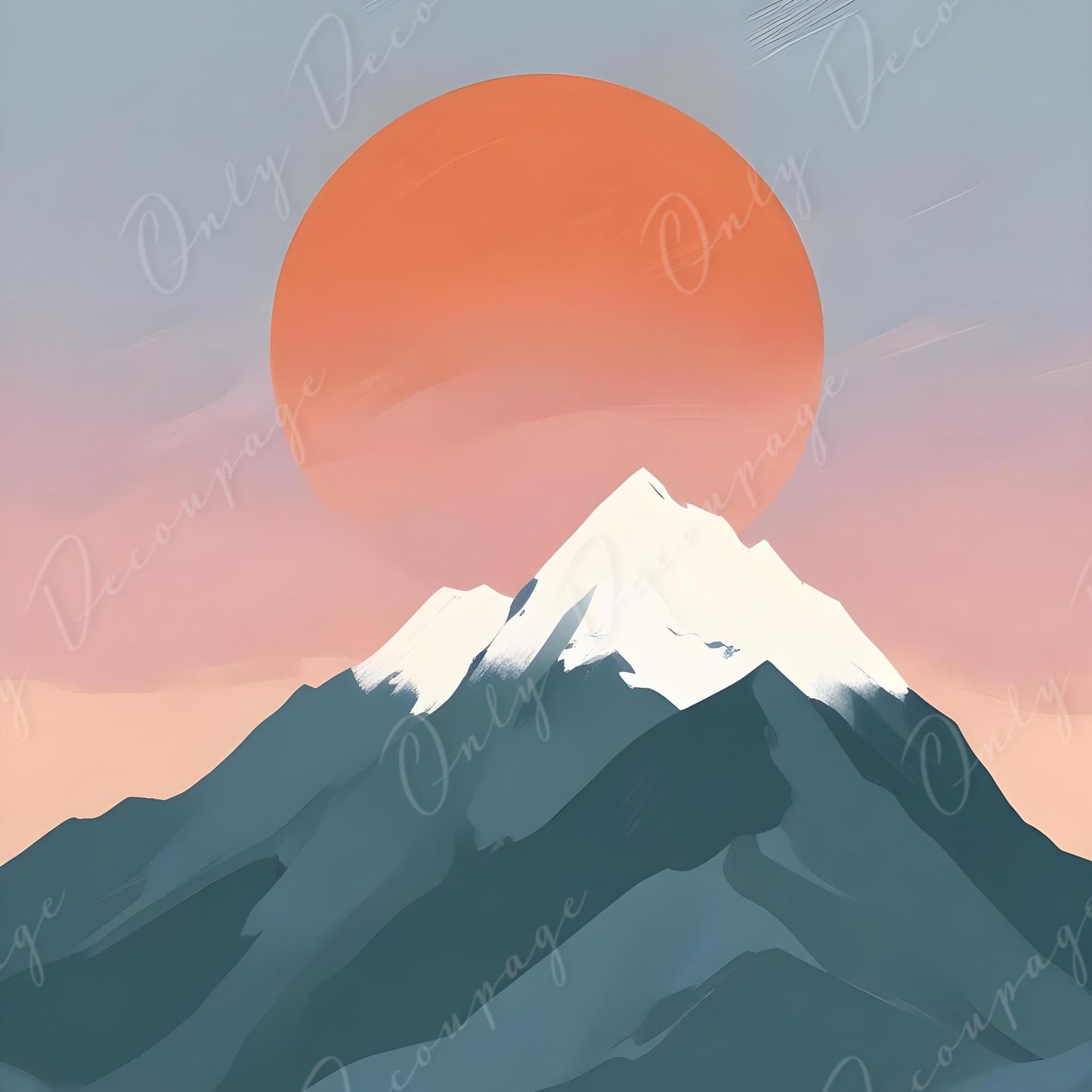 Large Decoupage Paper - 6 Size - Landscape with Orange Sun - Rice Paper - Grey Mountains