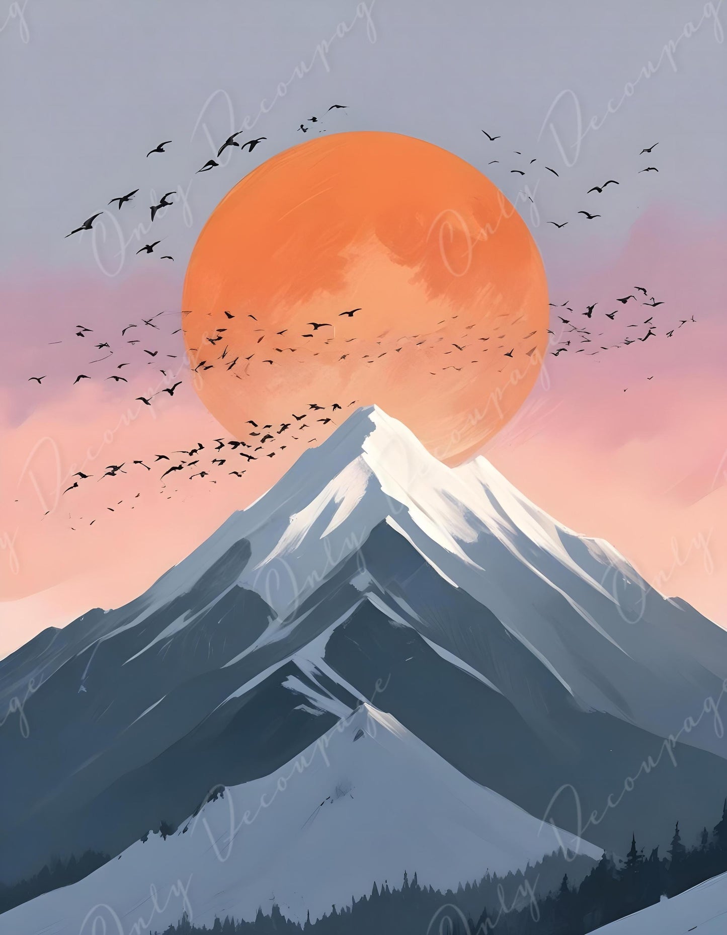 Large Decoupage Paper - 6 Size - Landscape with Orange Sun and Birds - Rice Paper - Grey Mountains