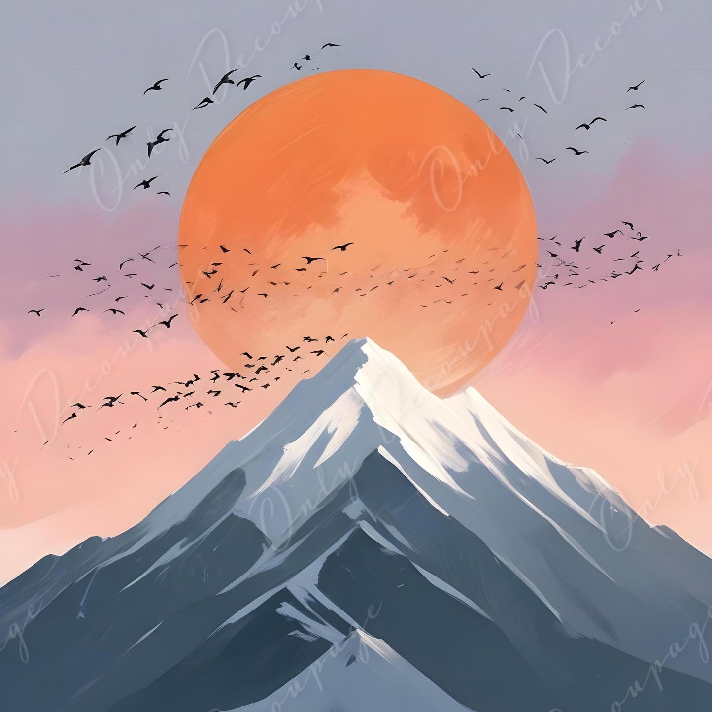 Large Decoupage Paper - 6 Size - Landscape with Orange Sun and Birds - Rice Paper - Grey Mountains
