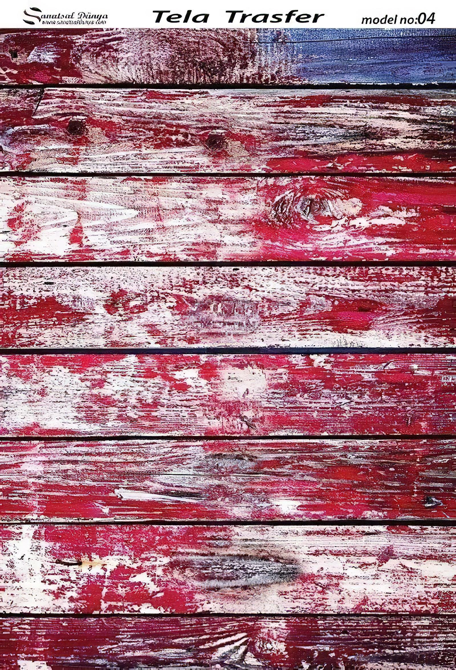 Weathered Wooden Pattern - Decorative Decoupage Paper - for Furniture - 1 A3 Sheet [ Red White Brown ]
