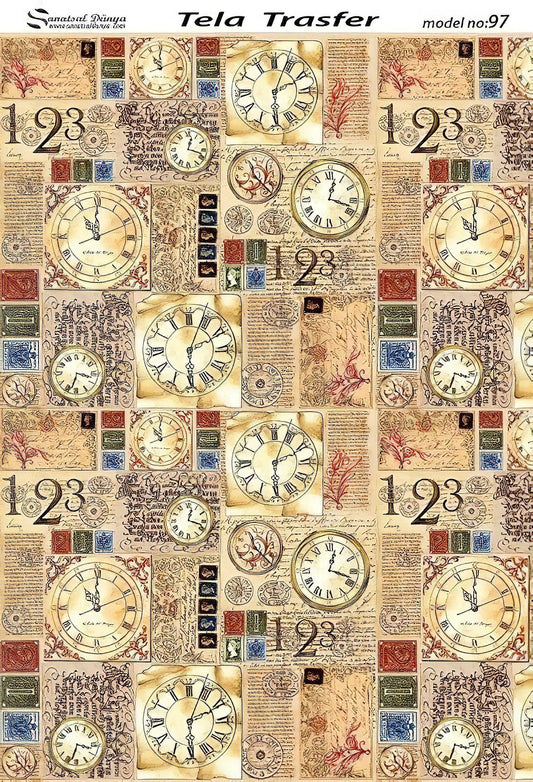 Vintage Clock Pattern - Decorative Decoupage Paper - for Furniture [ Brown Red Black ]