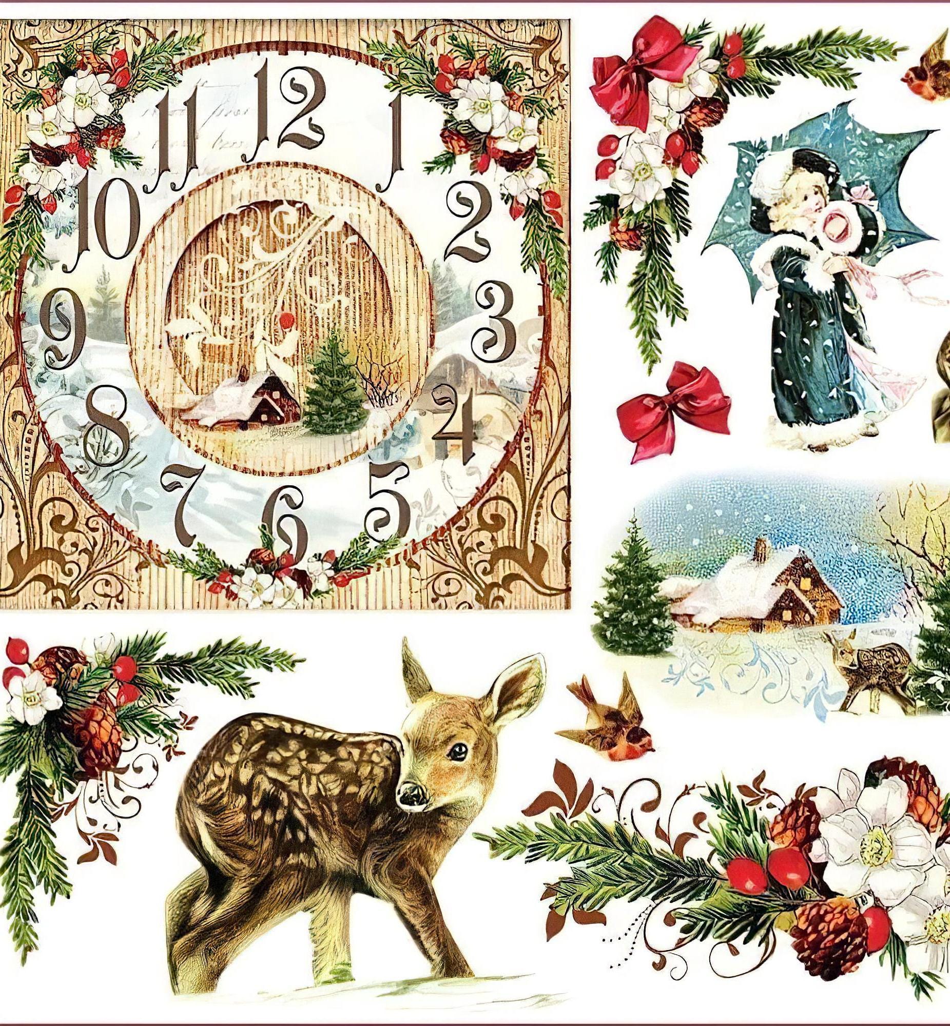 Christmas Decoration Collage - Decorative Decoupage Paper - for Furniture - Large Size Options [ White Red Green ]