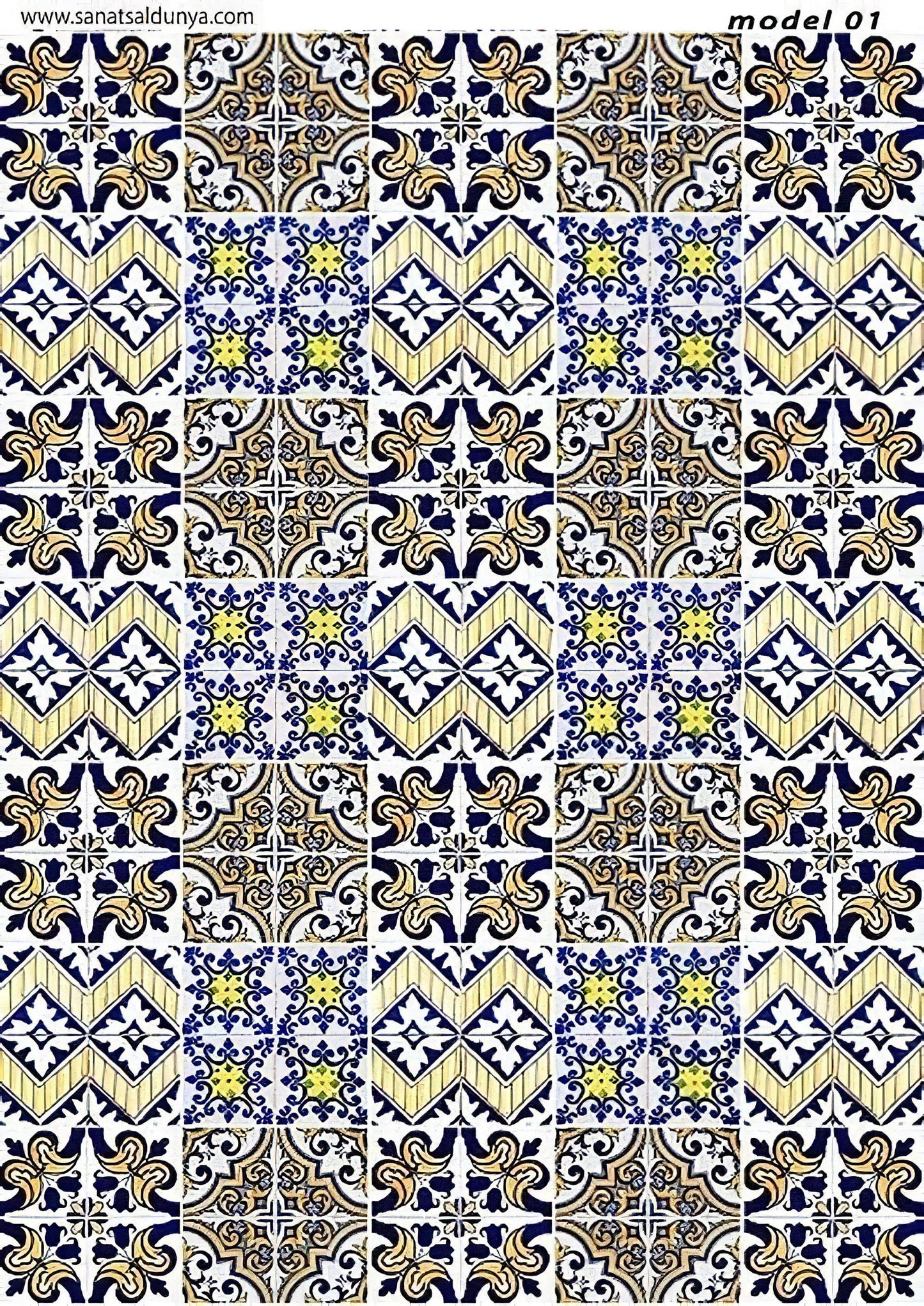 Tile Pattern - Decorative Decoupage Paper - for Furniture - Big Size Options [Yellow Blue Brown White]