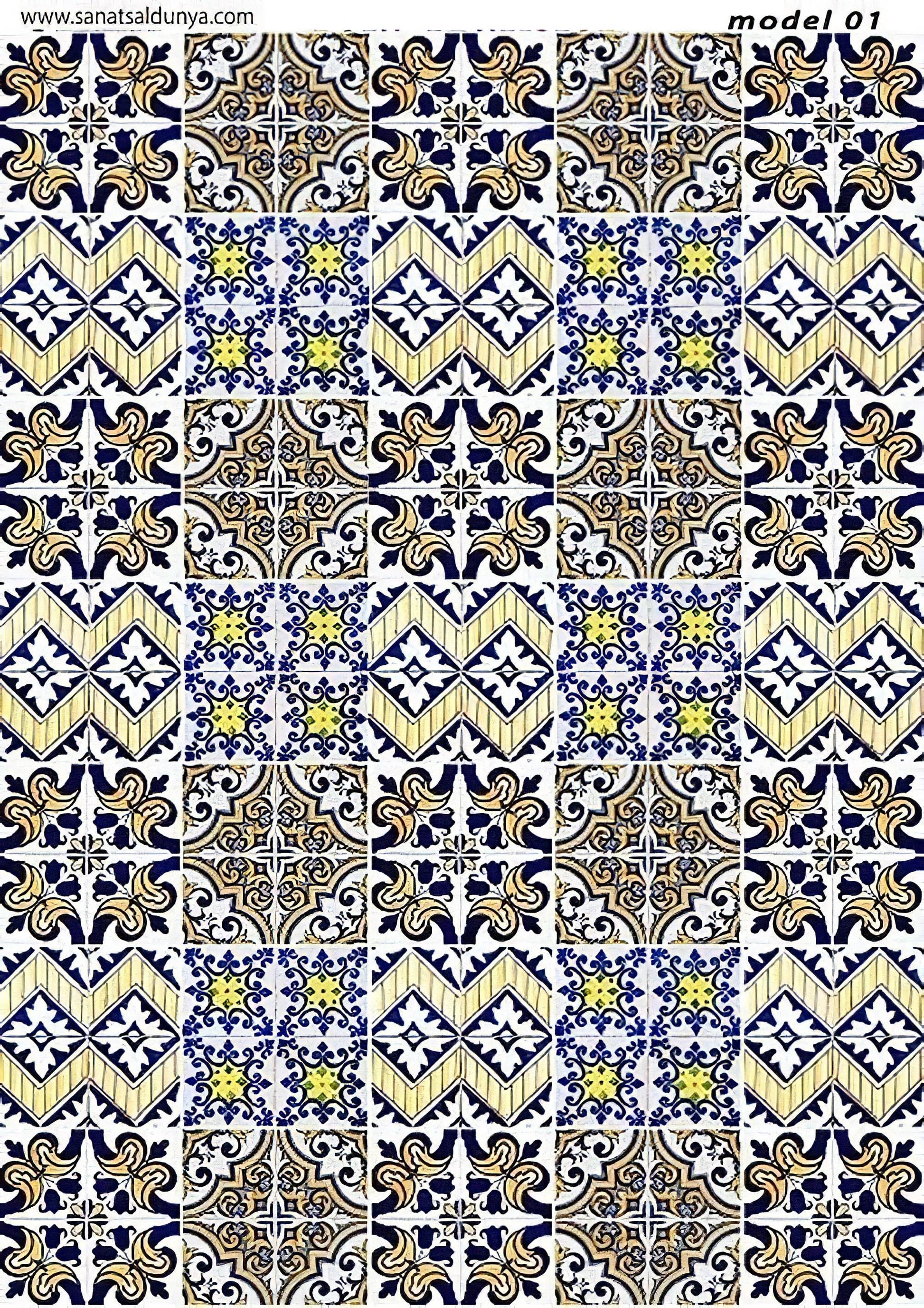 Tile Pattern - Decorative Decoupage Paper - for Furniture - Big Size Options [Yellow Blue Brown White]