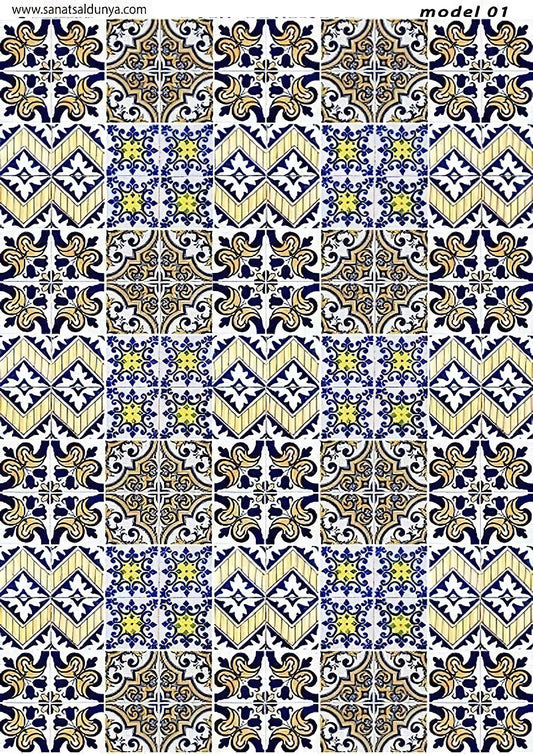 Tile Pattern - Decorative Decoupage Paper - for Furniture - Big Size Options [Yellow Blue Brown White]