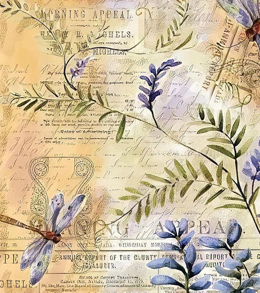Floral - Dragonfly - Decorative Decoupage Paper - for Furniture - Big Size Options [ Purple Green Yellow ]