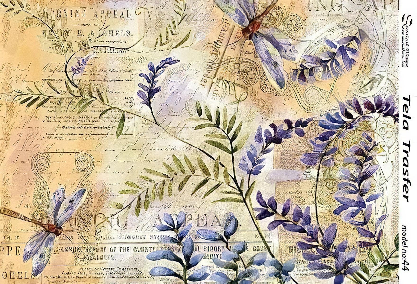 Floral - Dragonfly - Decorative Decoupage Paper - for Furniture - Big Size Options [ Purple Green Yellow ]