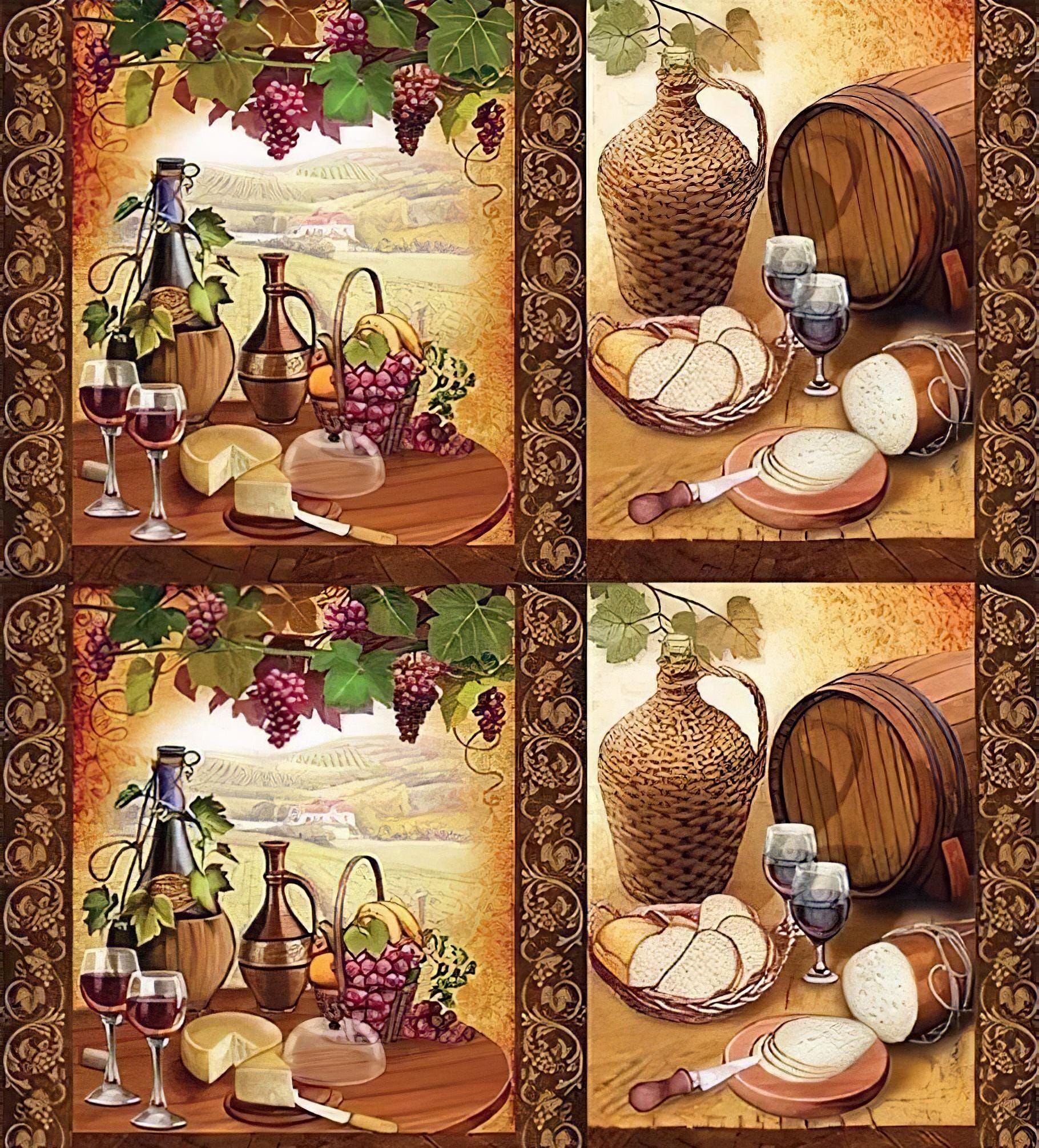 Champagne and Cheese - Decorative Decoupage Paper - for Furniture - Large Size Options [ Brown Yellow Bordeaux ]