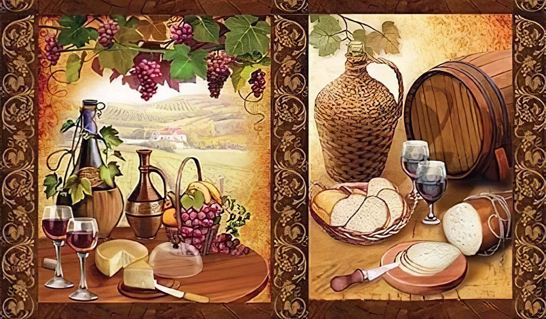 Champagne and Cheese - Decorative Decoupage Paper - for Furniture - Large Size Options [ Brown Yellow Bordeaux ]