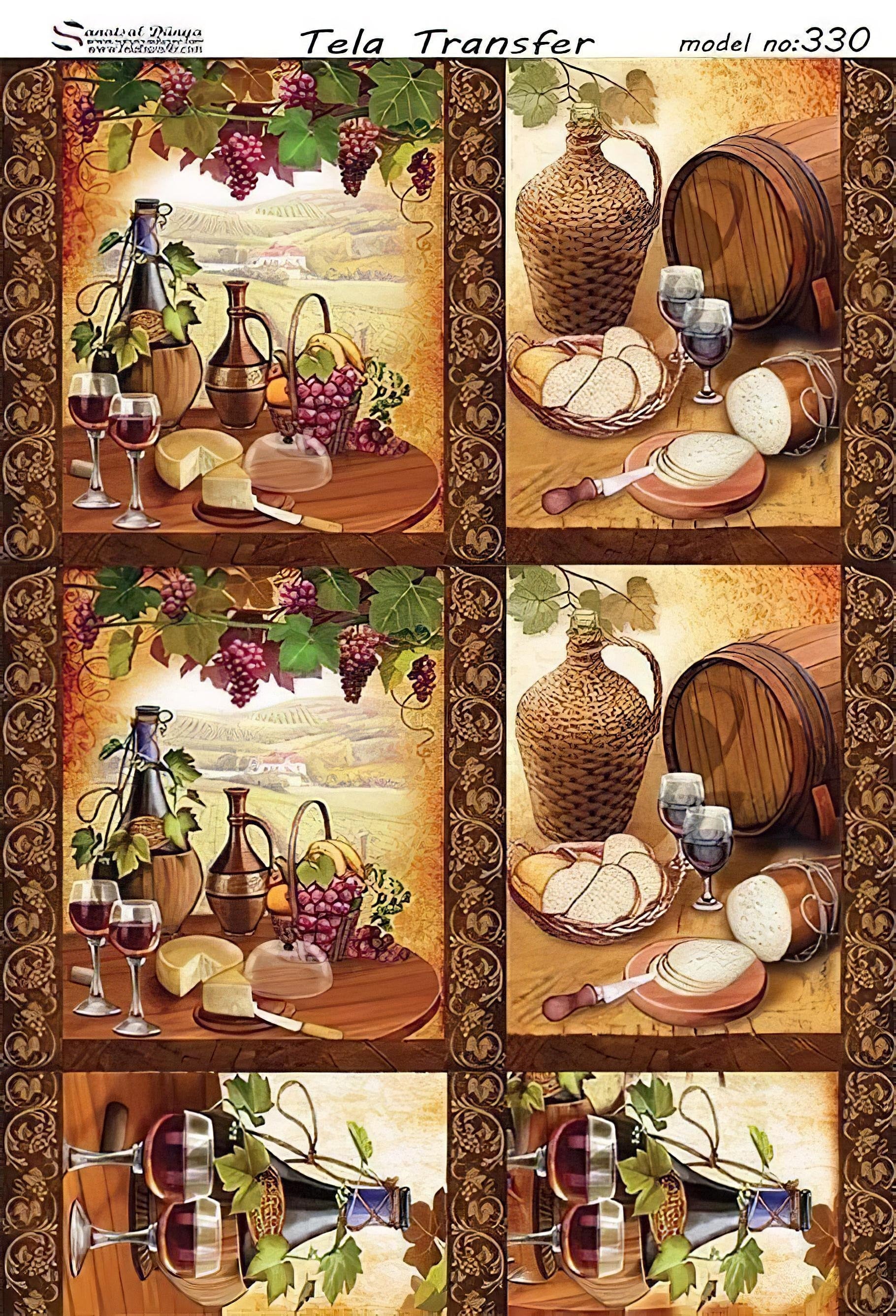 Champagne and Cheese - Decorative Decoupage Paper - for Furniture - Large Size Options [ Brown Yellow Bordeaux ]