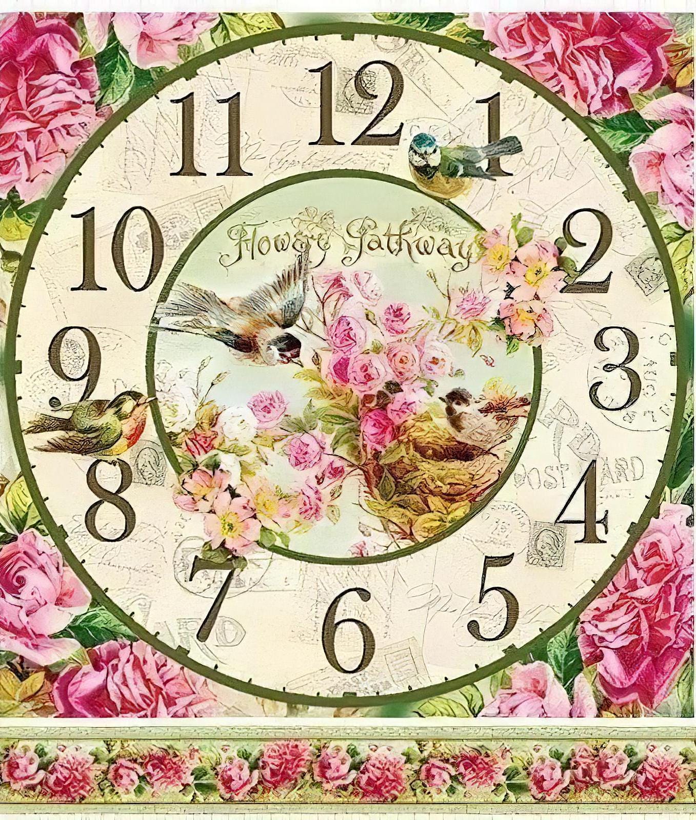 Floral Bird Clock - Decorative Decoupage Paper - for Furniture - Big Size Options [ Pink Green ]