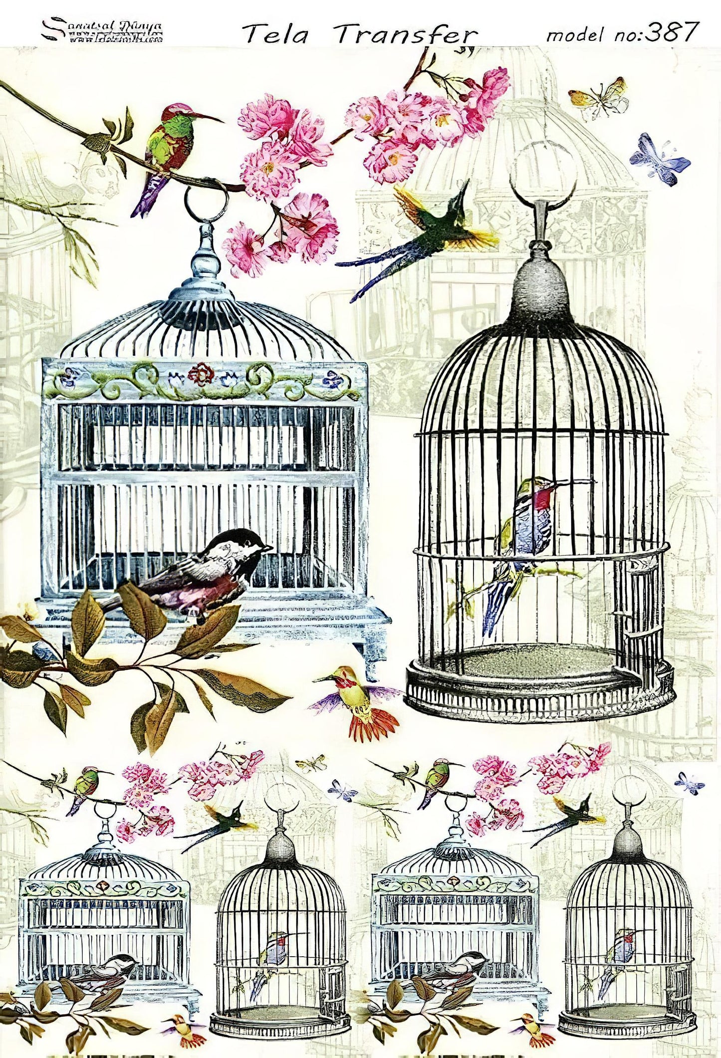 Bird Cage and Flowers - Decorative Decoupage Paper - for Furniture - Large Size Options [ Blue Pink Green ]