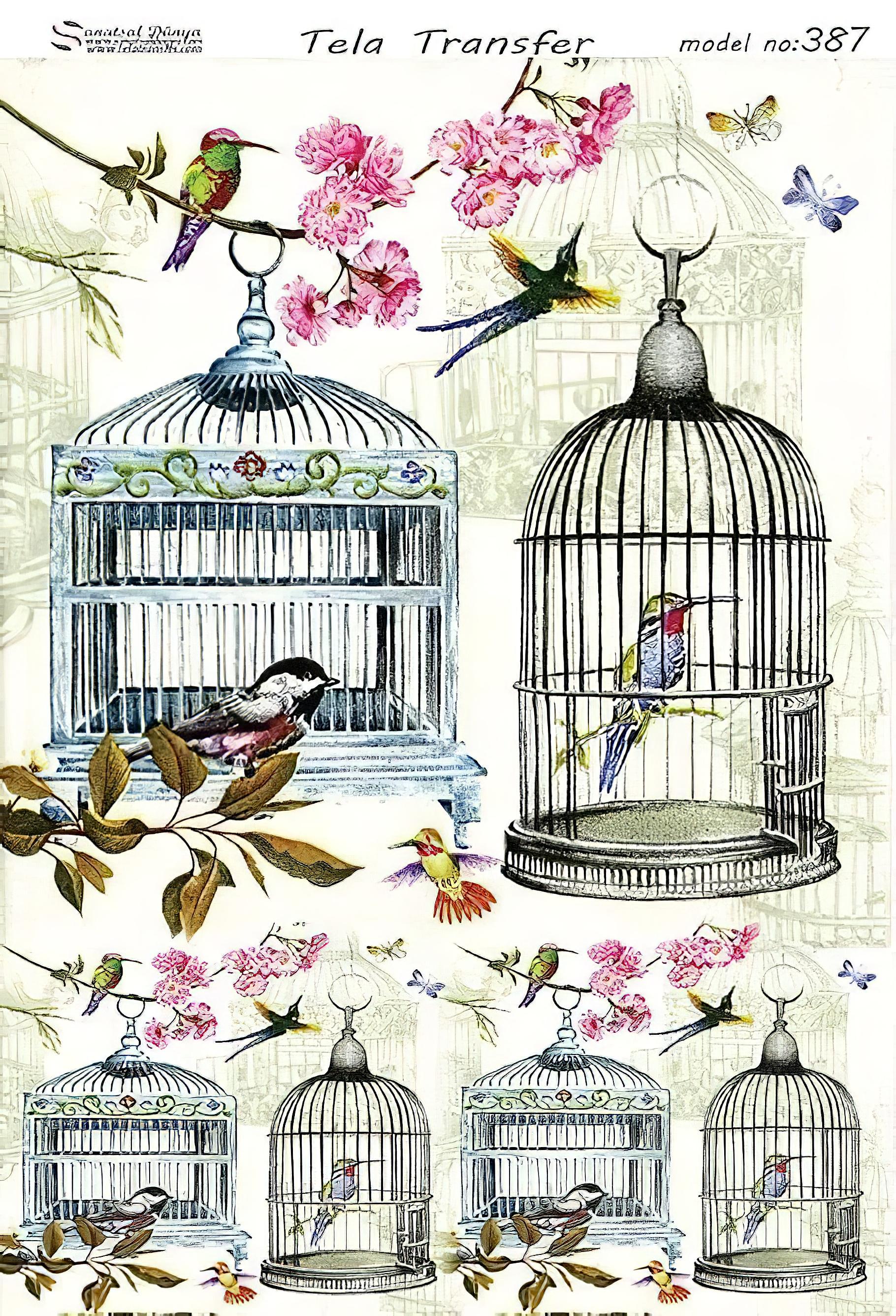 Bird Cage and Flowers - Decorative Decoupage Paper - for Furniture - Large Size Options [ Blue Pink Green ]