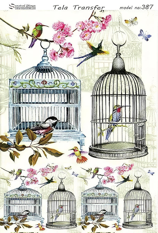 Bird Cage and Flowers - Decorative Decoupage Paper - for Furniture - Large Size Options [ Blue Pink Green ]