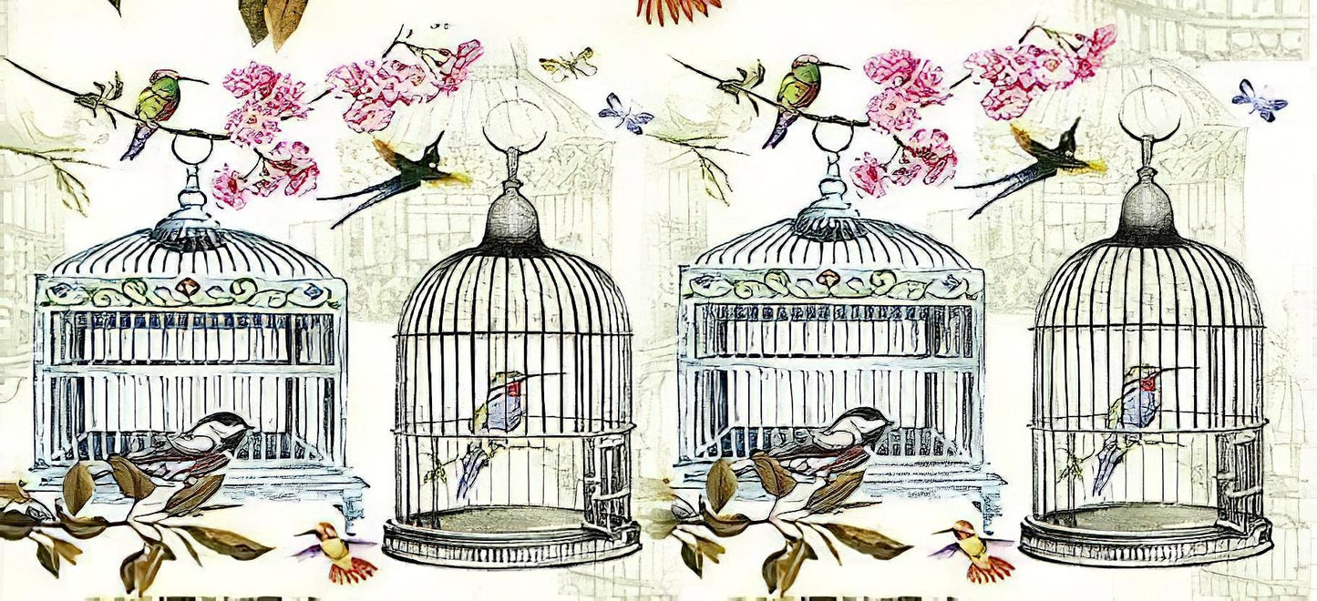 Bird Cage and Flowers - Decorative Decoupage Paper - for Furniture - Large Size Options [ Blue Pink Green ]