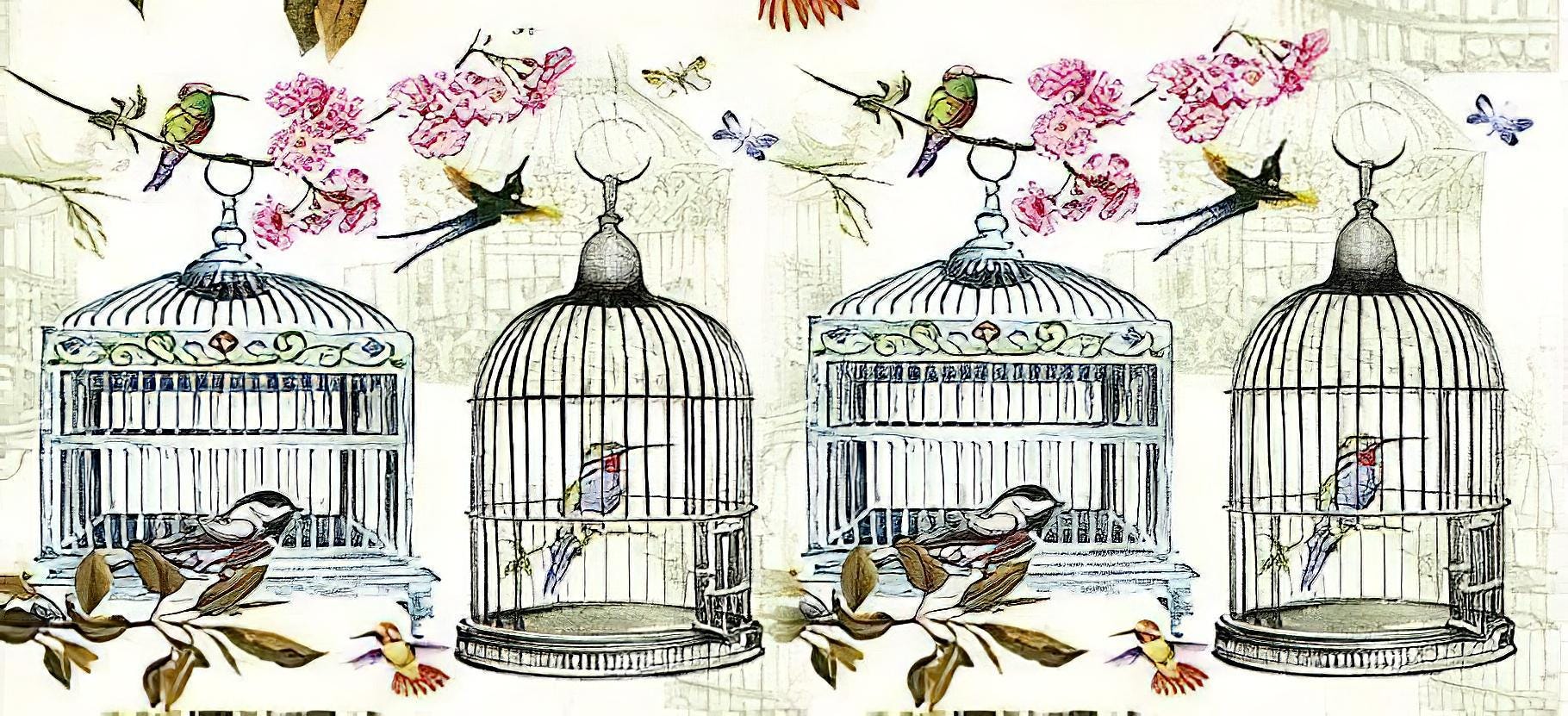 Bird Cage and Flowers - Decorative Decoupage Paper - for Furniture - Large Size Options [ Blue Pink Green ]