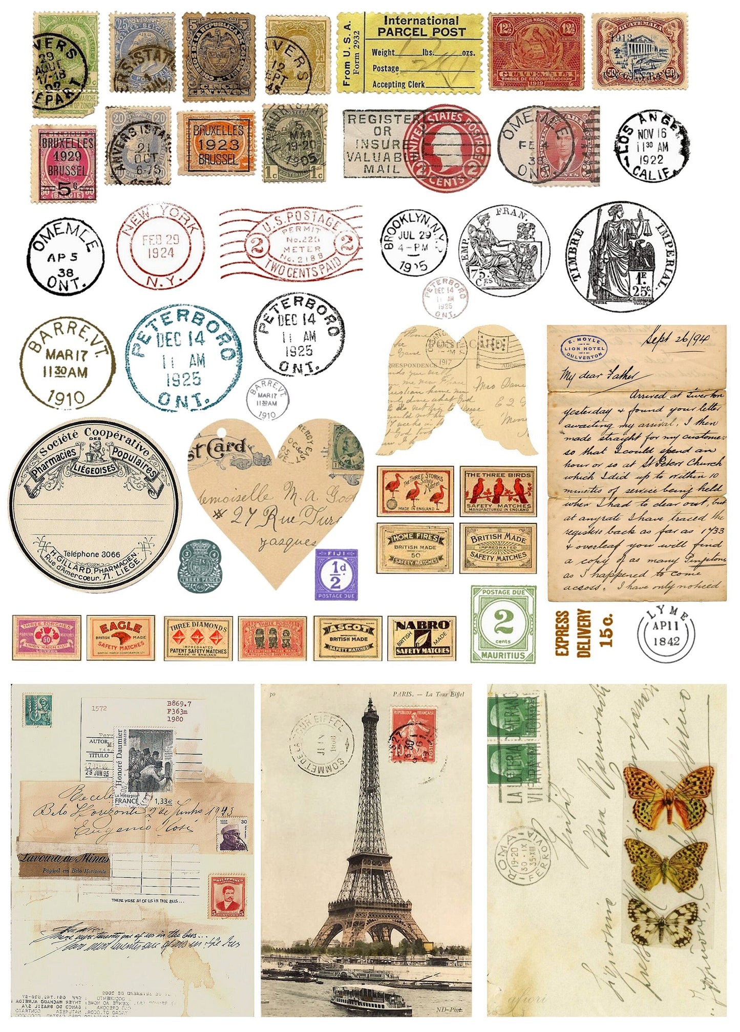Large Rice Paper for Decoupage - Furniture Decoupage - Vintage Decoupage - Decoupage Paper - Eiffel Tower Stamps