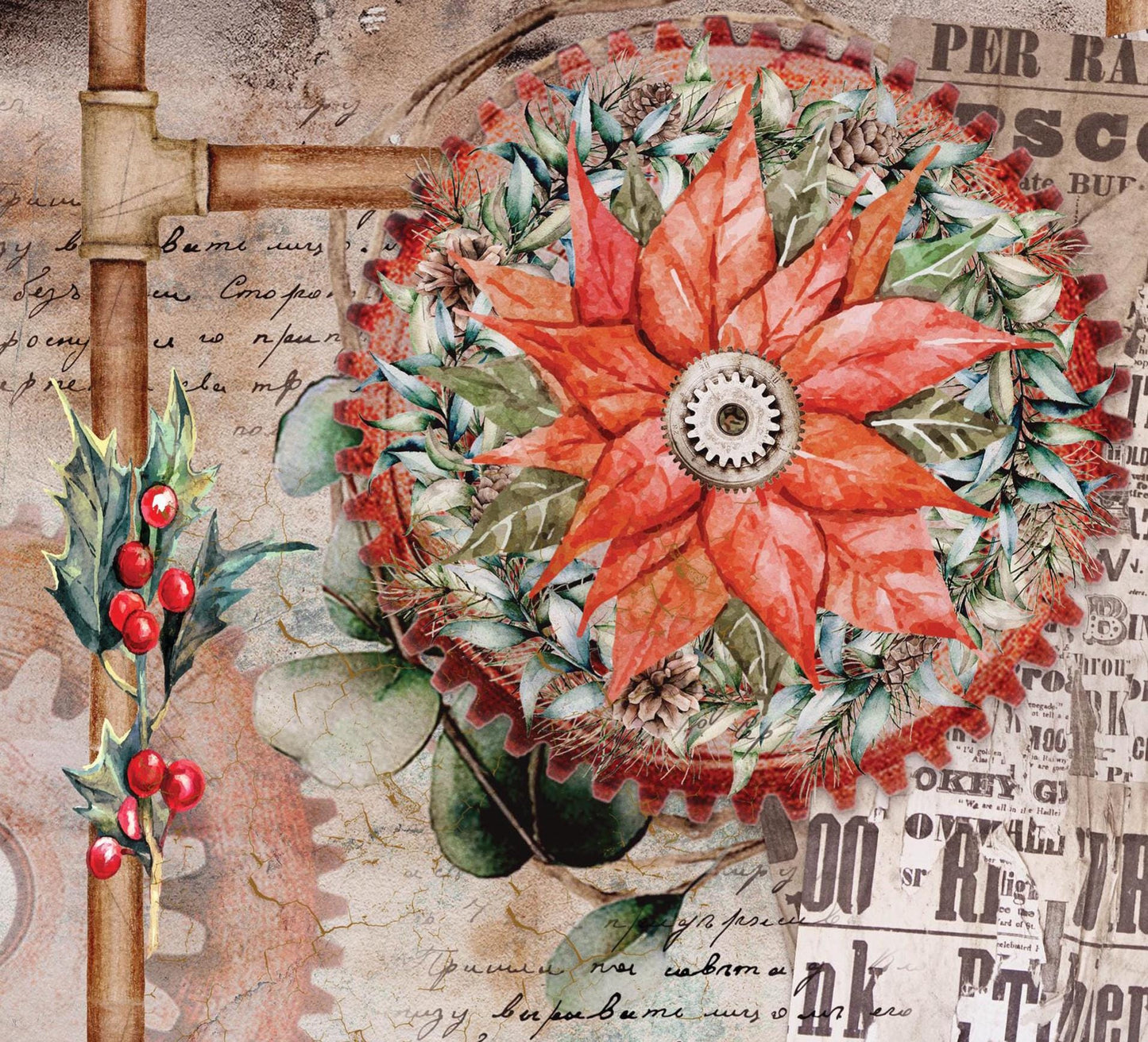 Christmas Collection - Large Decoupage Paper - Red Holly Berries - 6 Size Options