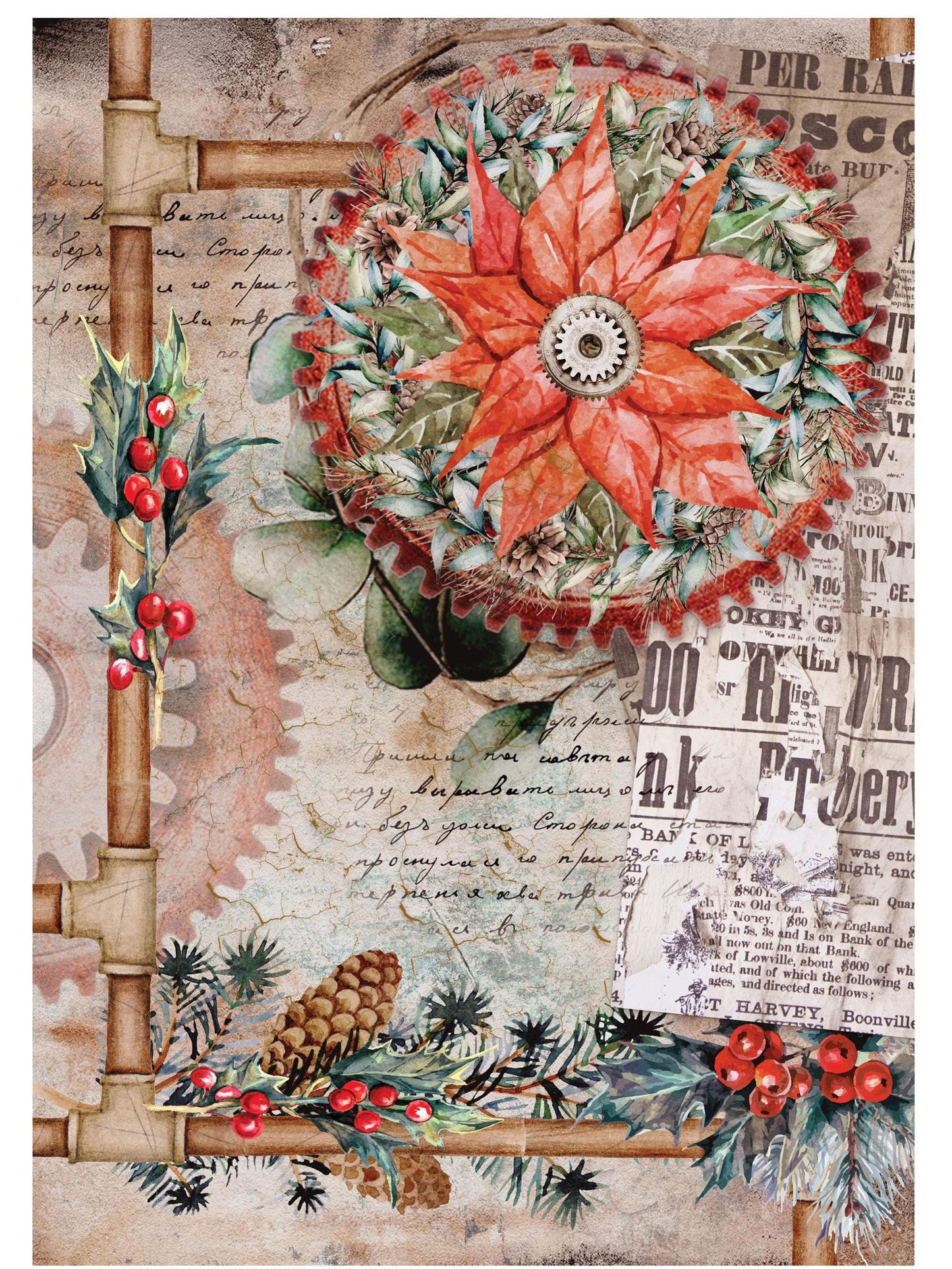 Christmas Collection - Large Decoupage Paper - Red Holly Berries - 6 Size Options