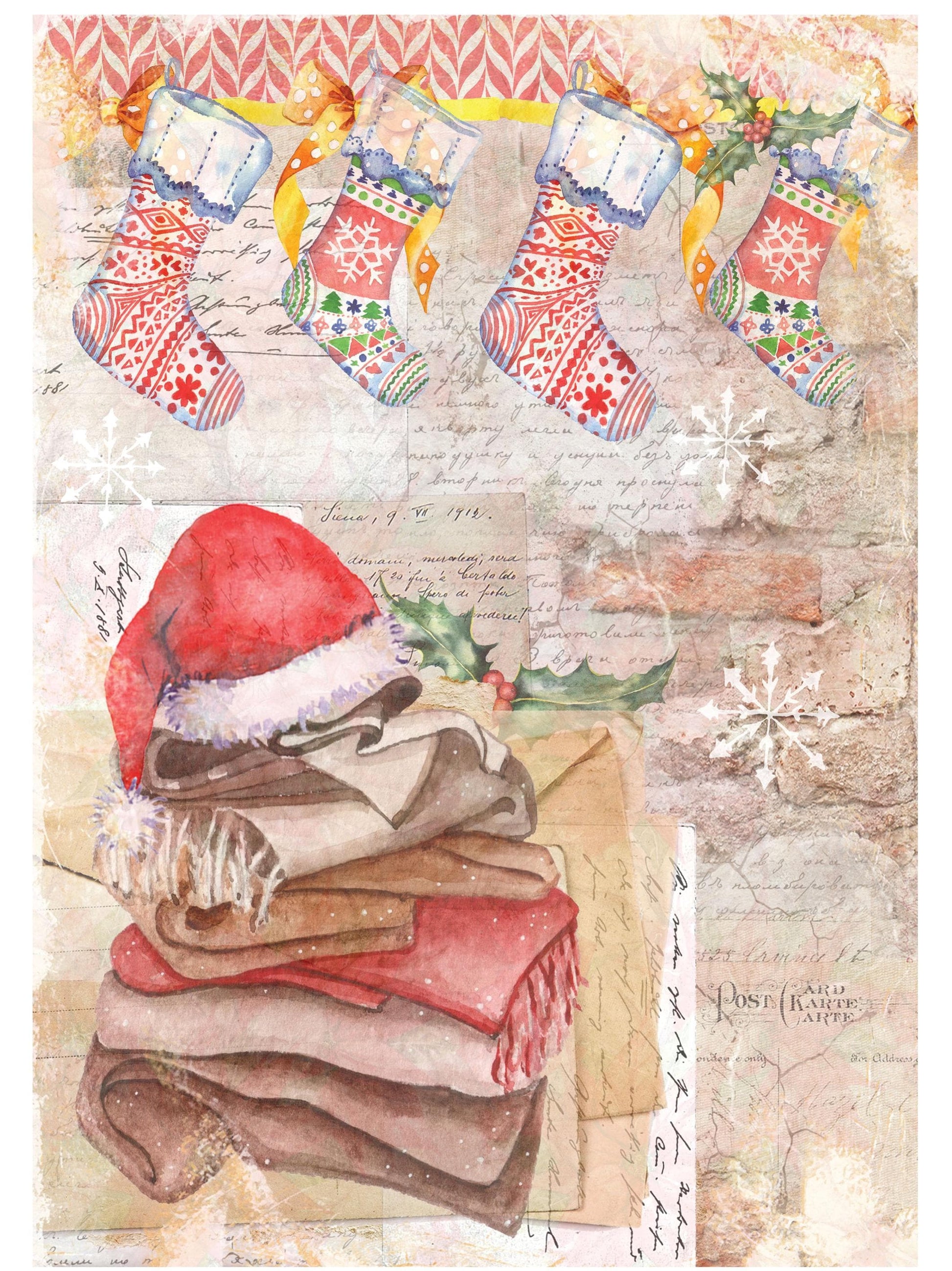 Christmas Collection - Large Decoupage Paper - Red Holly Berries - 6 Size Options - Christmas Stocking