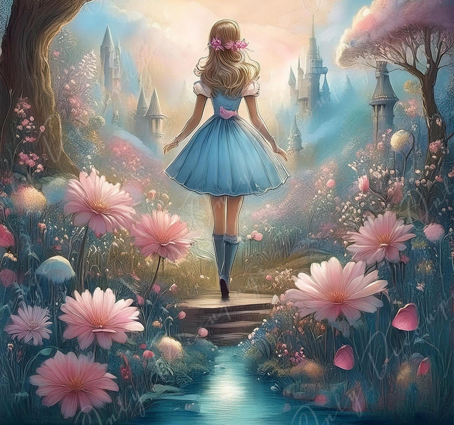 Fairytale Alice - Large Decoupage Paper - 6 Size Options - Pink Flowers - Castle