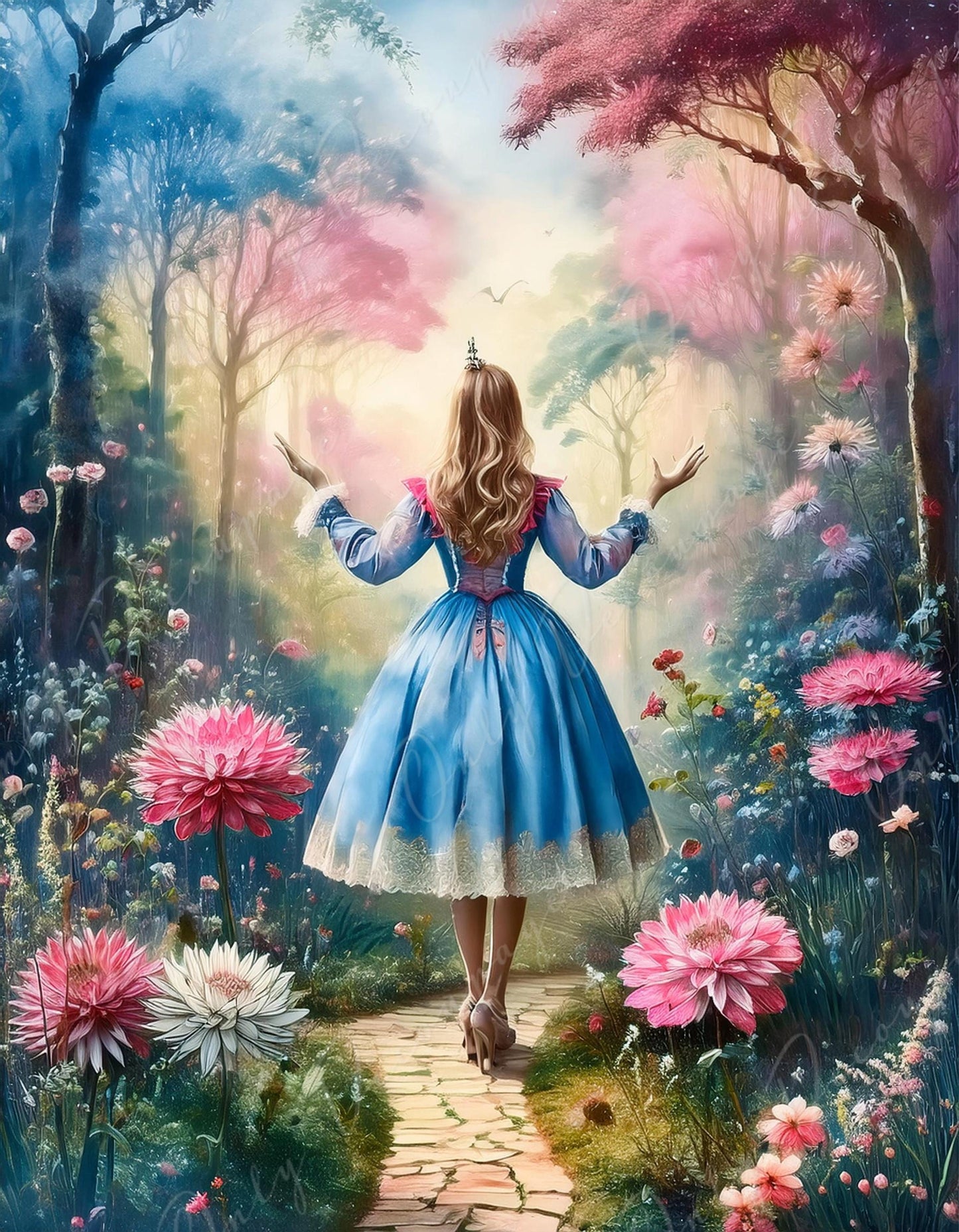 Fairytale Alice - Large Decoupage Paper - 6 Size Options - Pink Flowers - Blue Dress