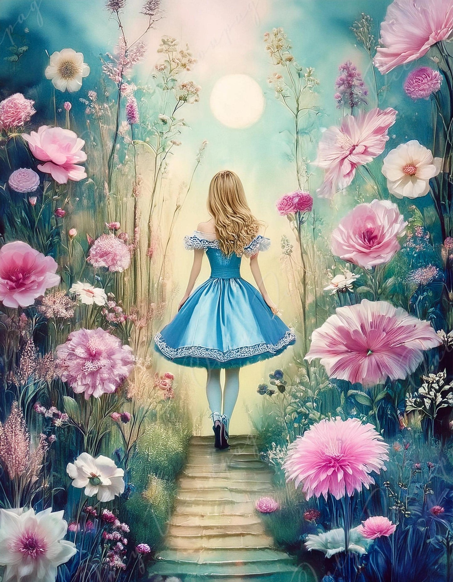 Fairytale Alice - Large Size Decoupage Paper - 6 Size Options - Pink Flowers - Blue Dress