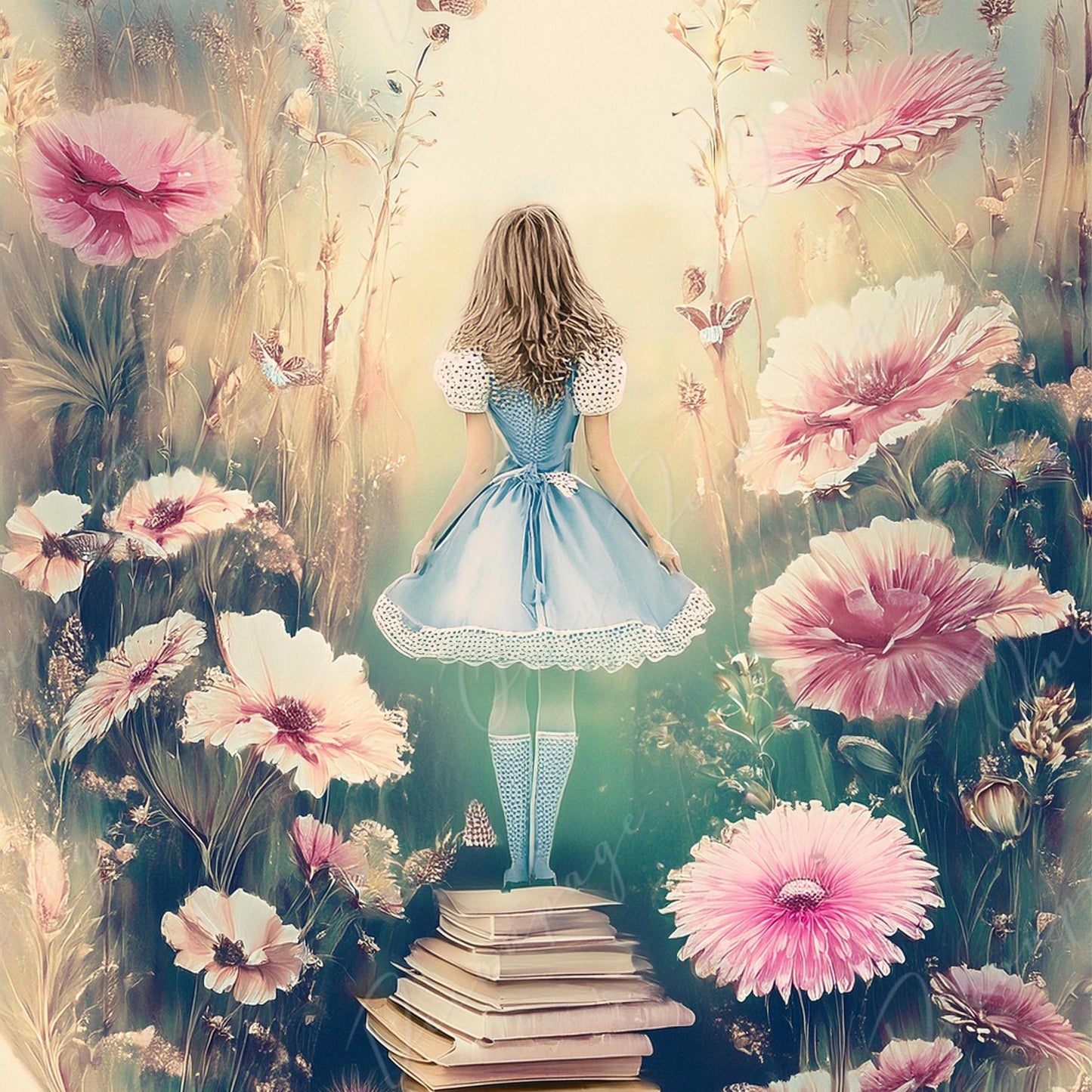 Fairytale Alice - Large Decoupage Paper - 6 Size Options - Pink Flowers - Books