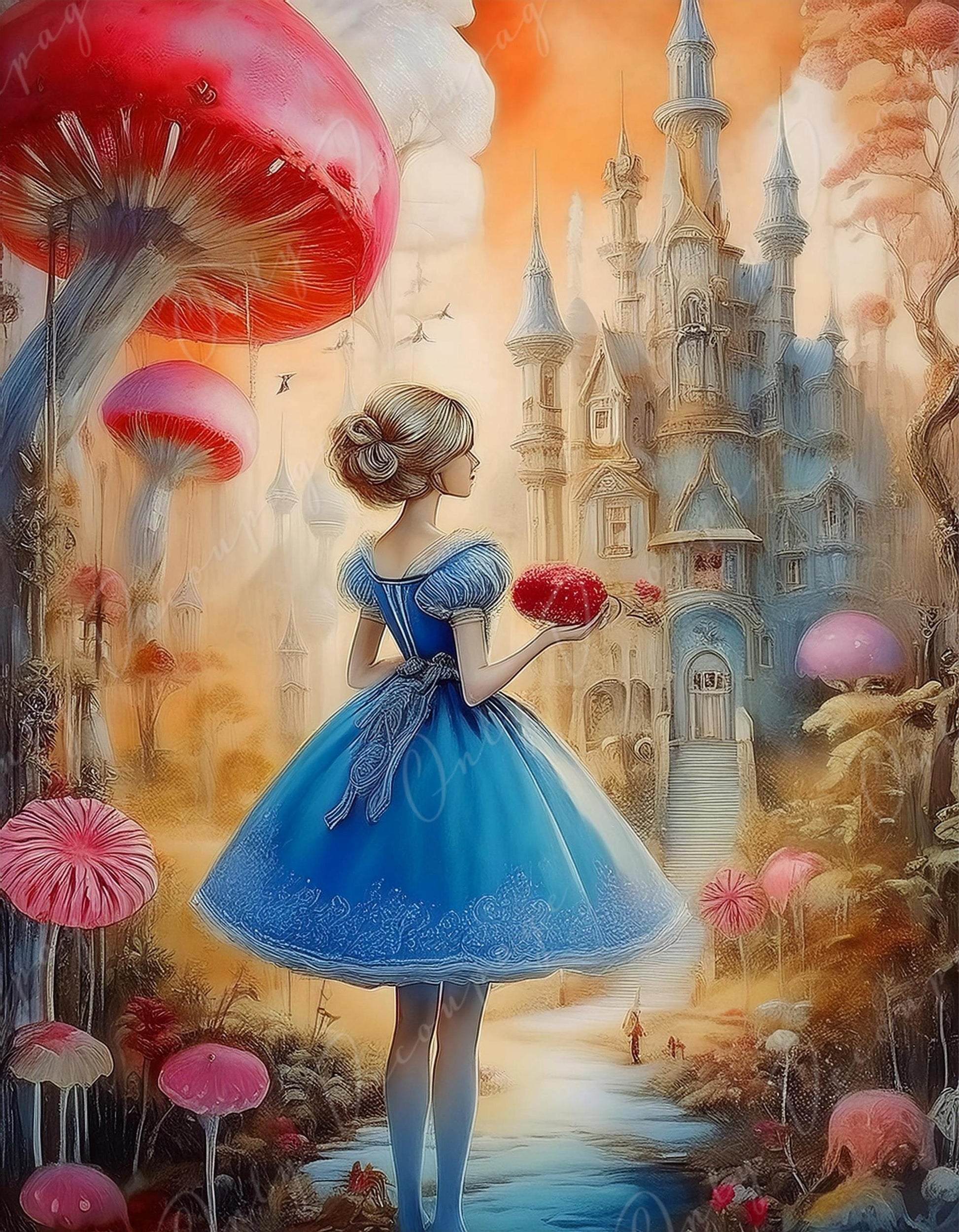 Fairytale Alice - Large Decoupage Paper - 6 Size Options - Red Gaint Mushroom - Castle