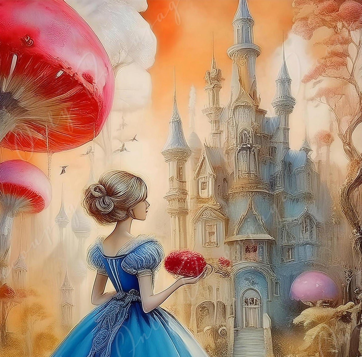 Fairytale Alice - Large Decoupage Paper - 6 Size Options - Red Gaint Mushroom - Castle