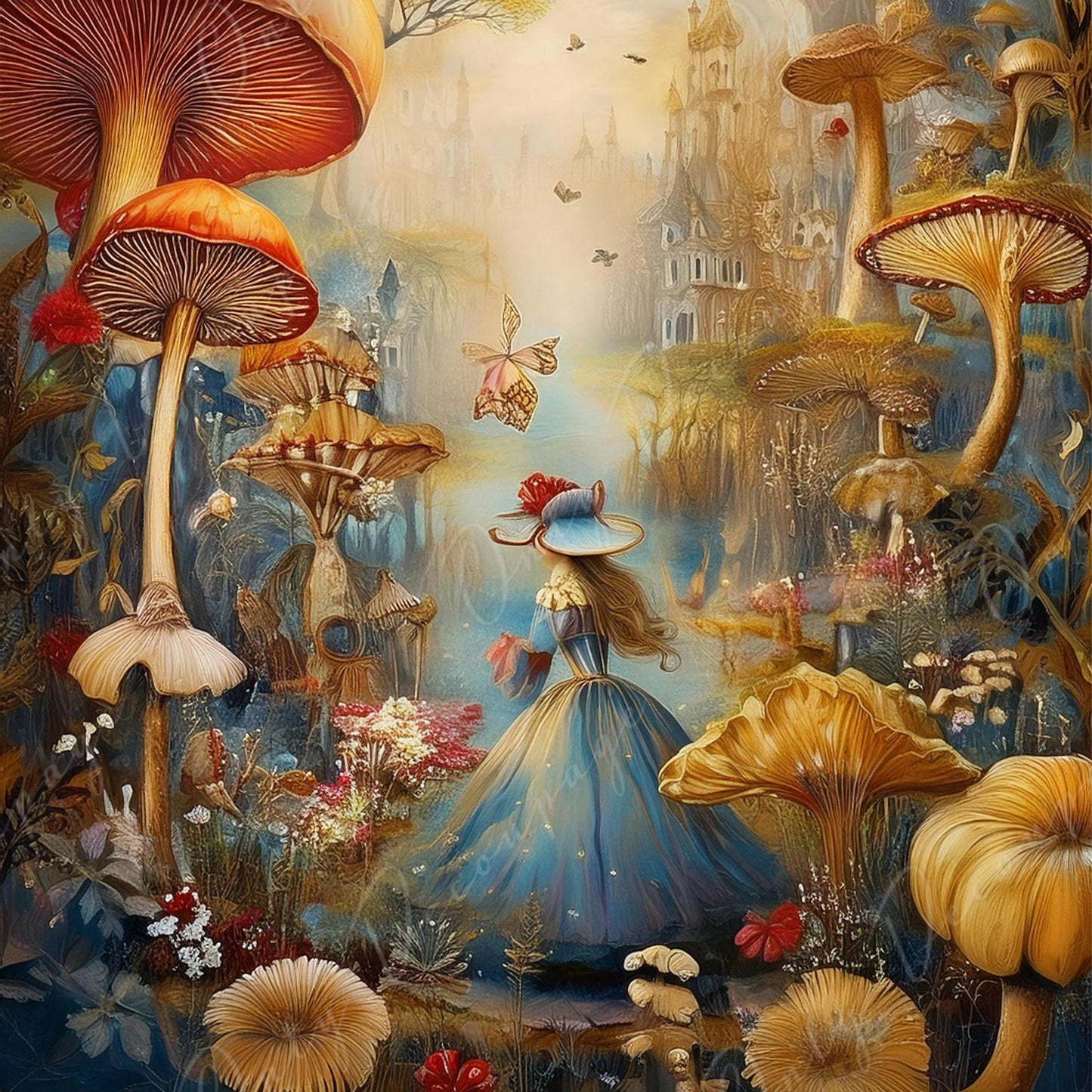 Fairytale Alice - Large Decoupage Paper - 6 Size Options - Gaint Mushrooms - Castle