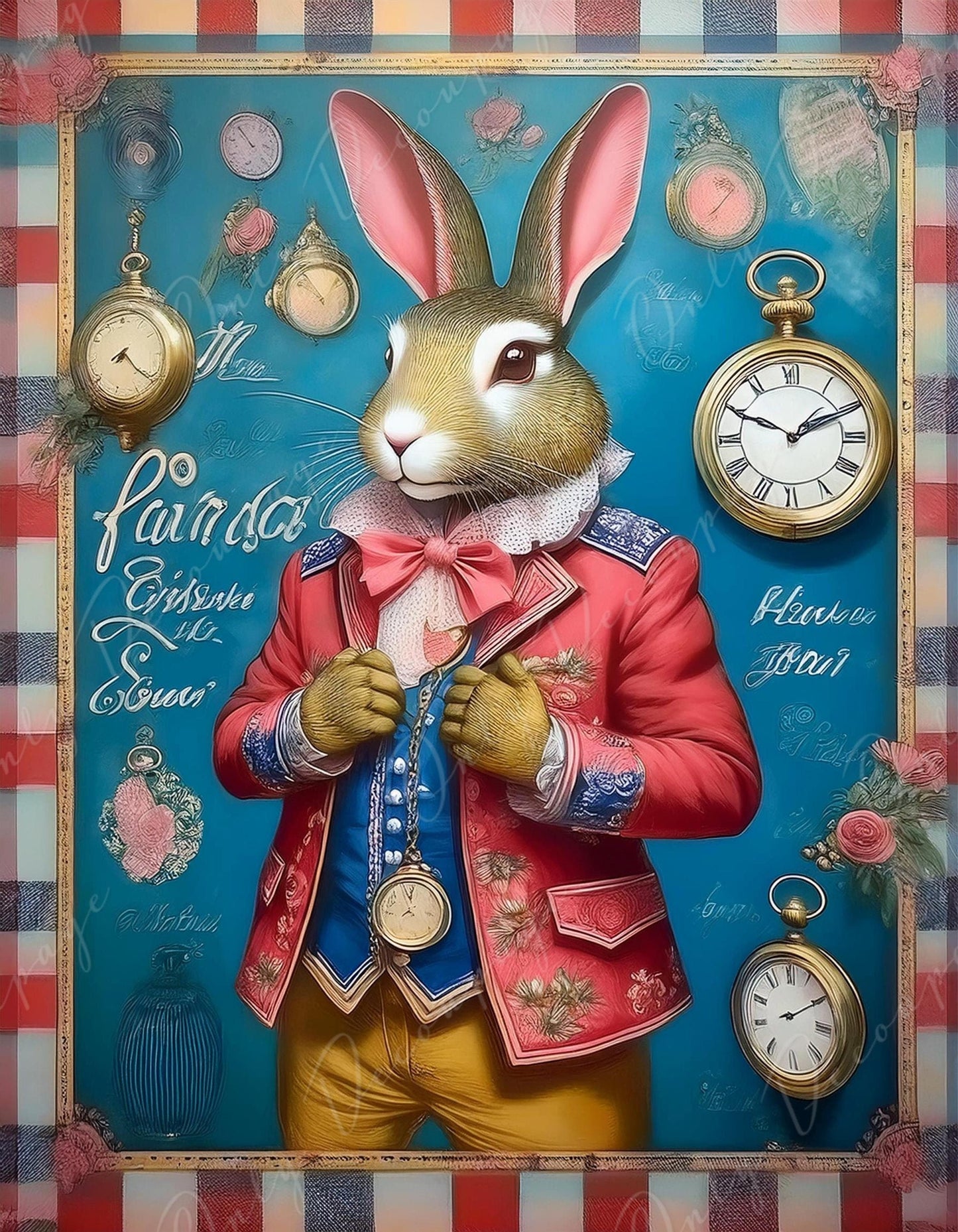 Fairytale Alice - Large Decoupage Paper - 6 Size Options - Rabbit with Red Dress - Time