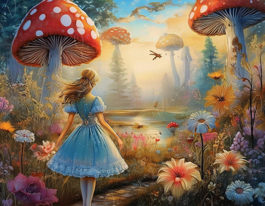 Fairytale Alice - Large Decoupage Paper - 6 Size Options - Giant Mushroom Trees - Lake