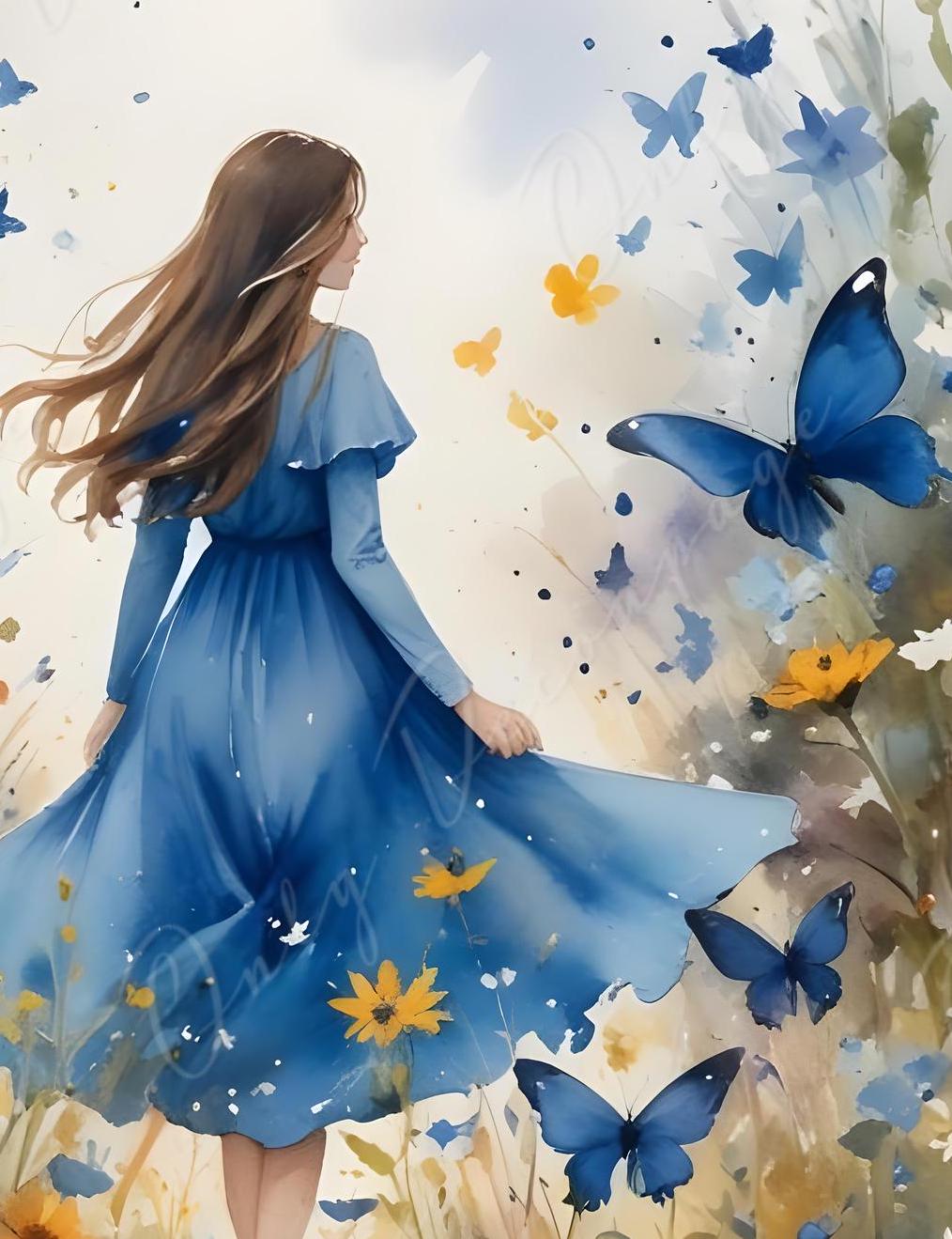 Fairytale - Large Decoupage Paper - 6 Size Options - Watercolor Blue Dress Alice - Butterfly