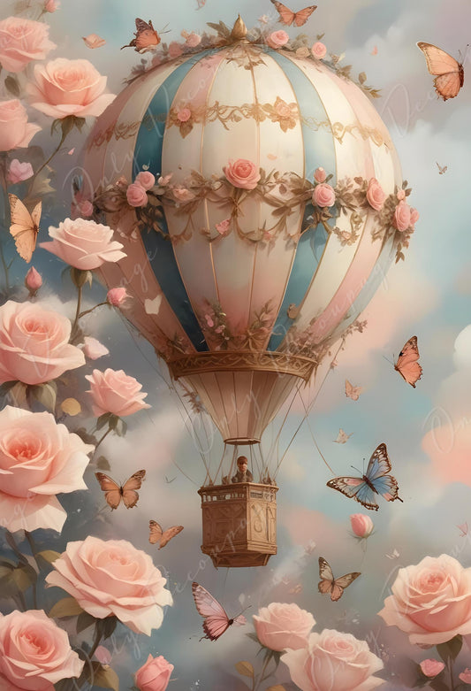 Fairytale Air Balloon - Large Decoupage Paper - 6 Size Options - Pink Roses