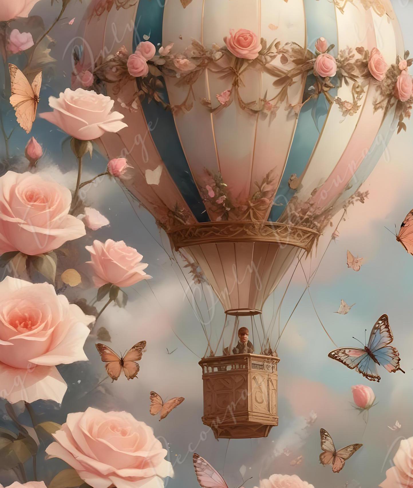 Fairytale Air Balloon - Large Decoupage Paper - 6 Size Options - Pink Roses