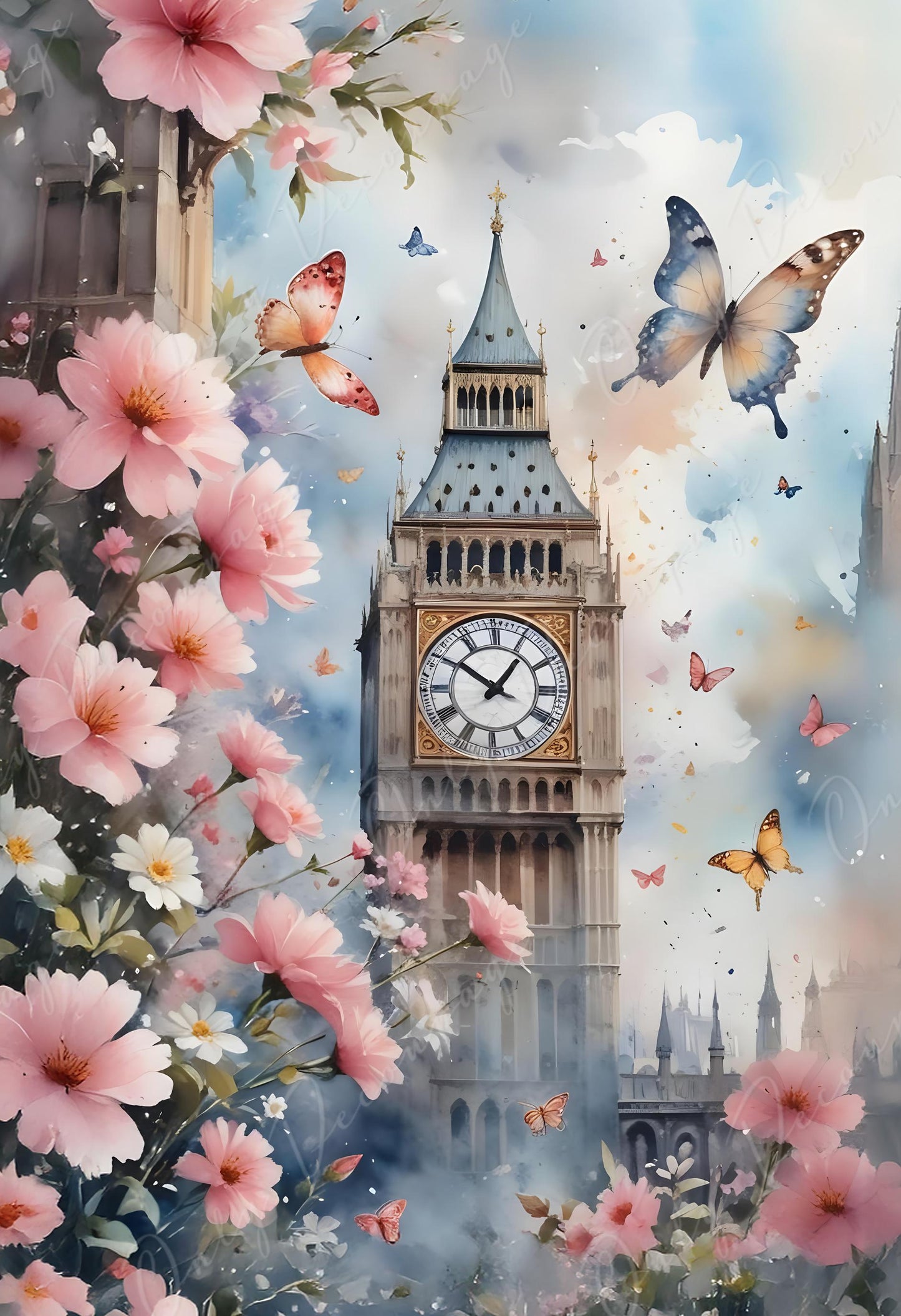 Fairytale Big Ben - Large Decoupage Paper - 6 Size Options - Pink Roses