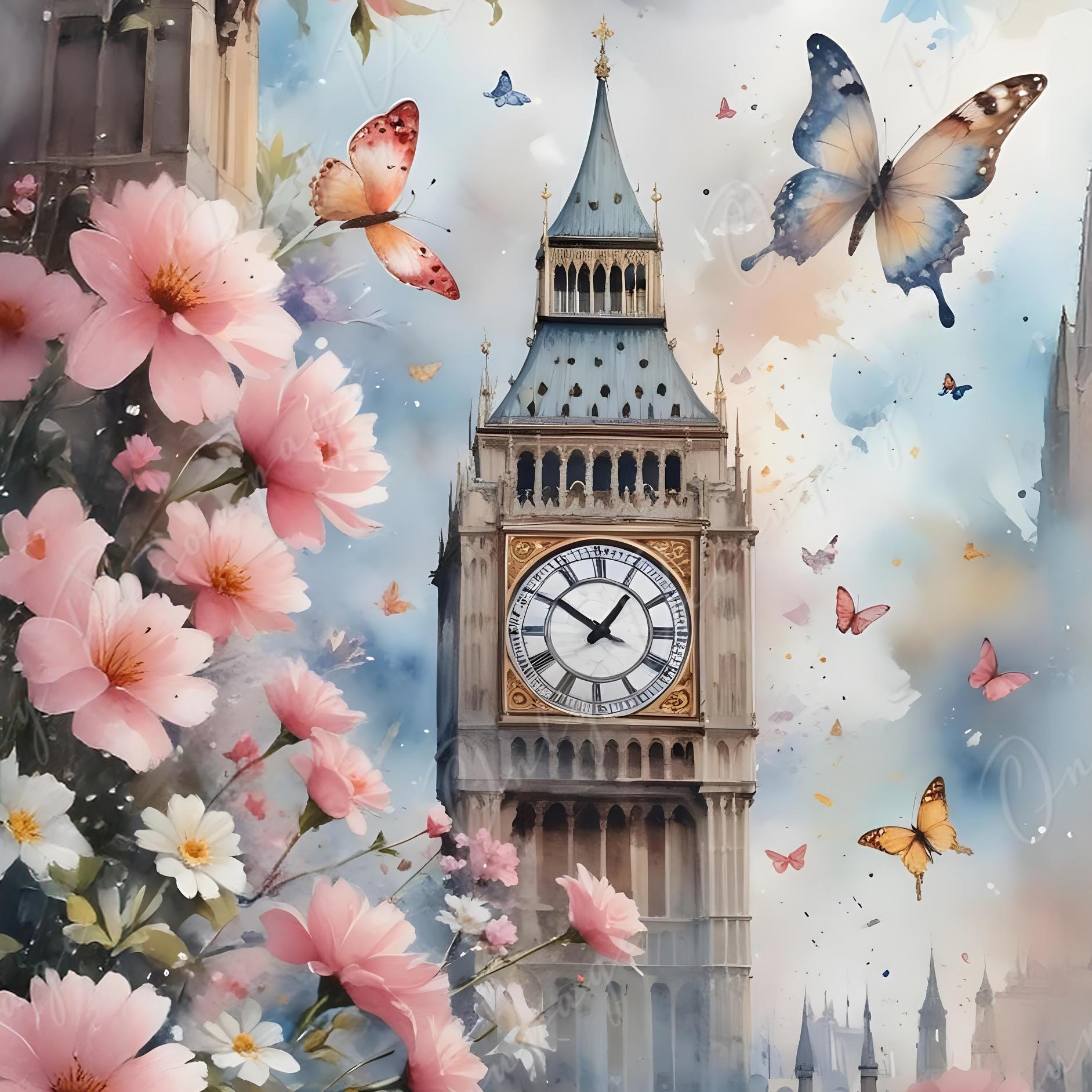 Fairytale Big Ben - Large Decoupage Paper - 6 Size Options - Pink Roses